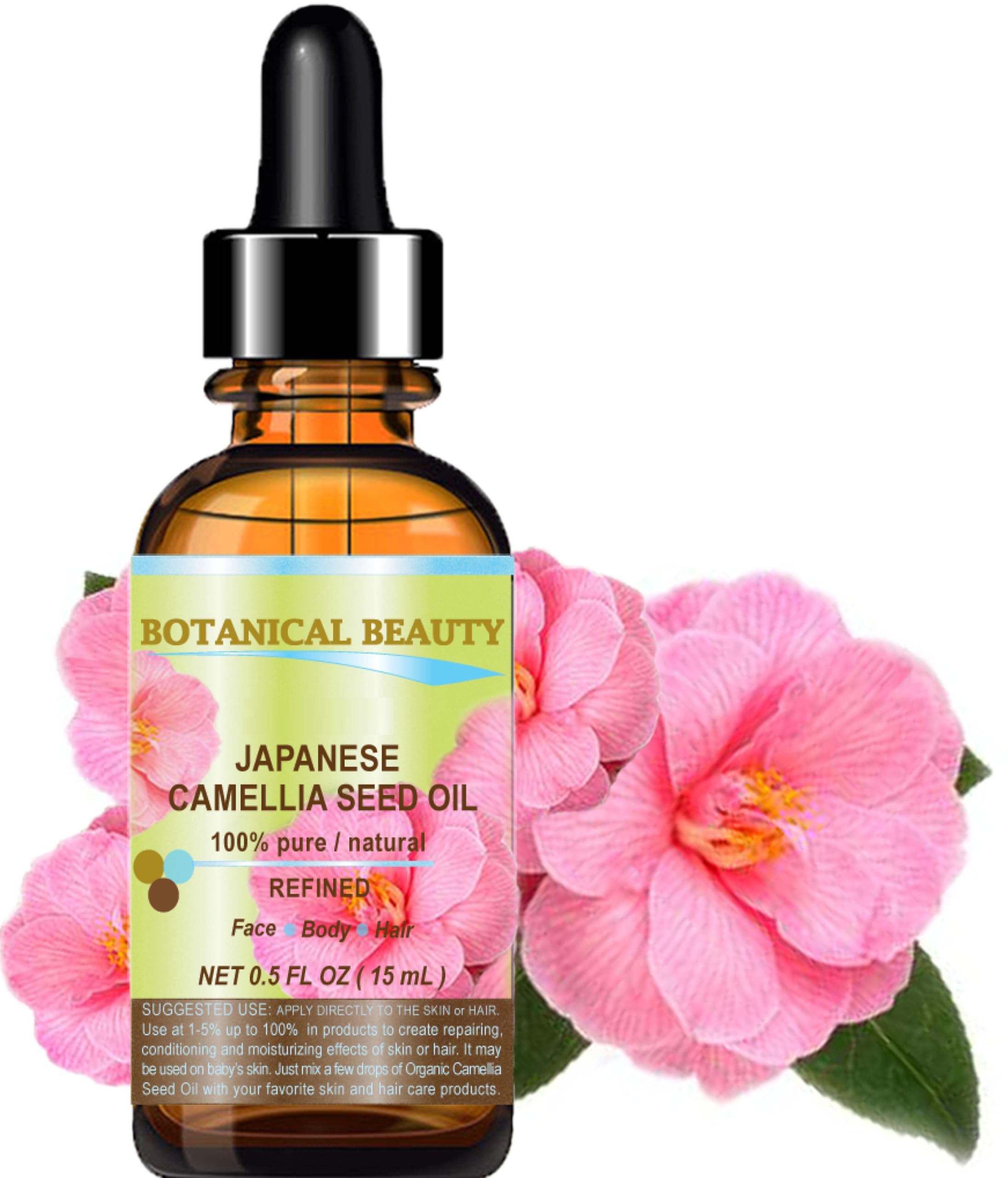 Japanese CAMELLIA Seed Oil 100% Pure Natural Undiluted Refined Cold Pressed Carrier Oil for Face Hair Skin Nails 0.5 Fl. oz 15 ml by Botanical Beauty