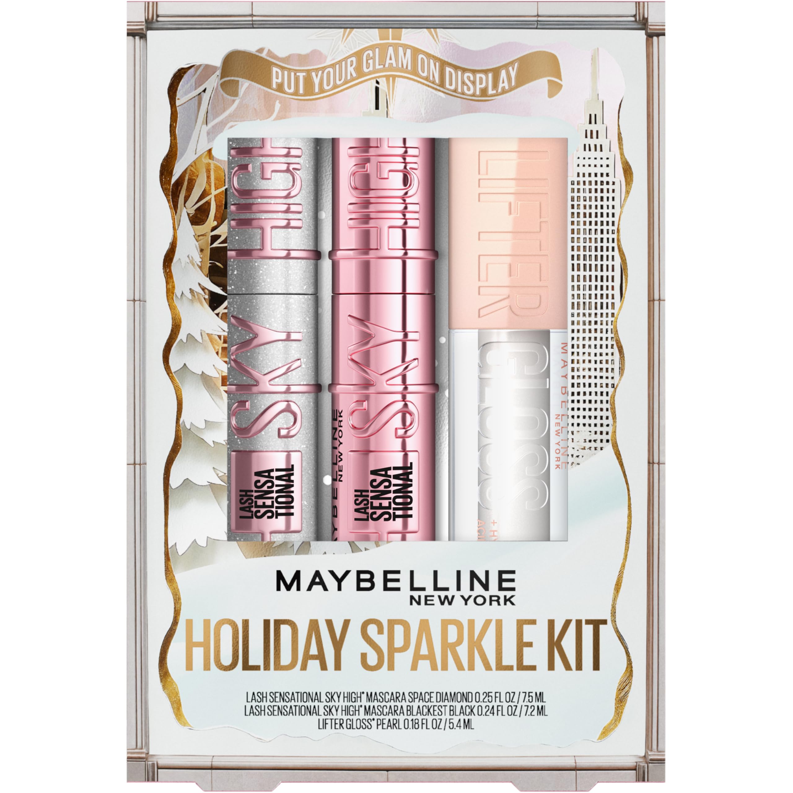Maybelline Lash Sensational Holiday Makeup Kit, Includes Full-Size Sky High Mascara, Lash Sensational Glitter Mascara and Lifter Gloss, 1 Makeup Gift Set
