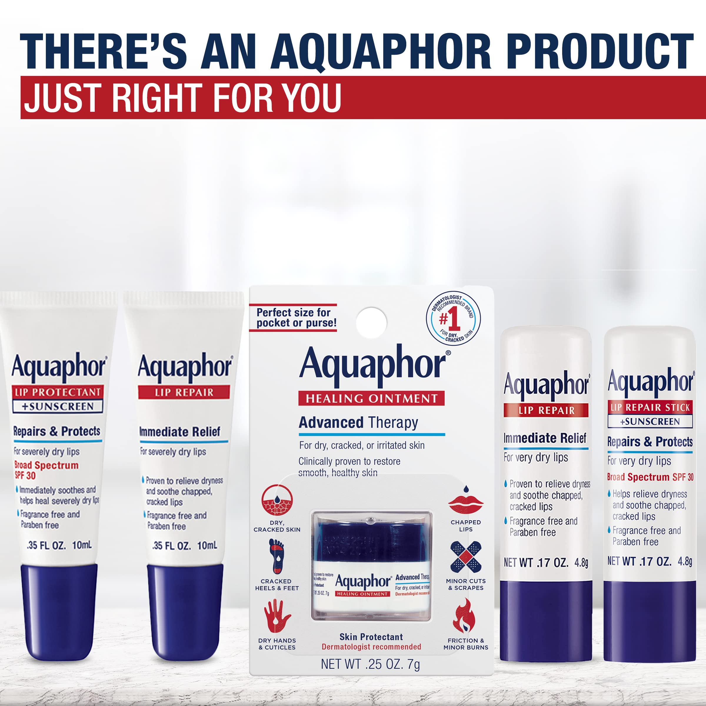 Aquaphor Lip Repair Ointment - Long-lasting Moisture to Soothe Dry Chapped Lips - .35 fl. oz. Tube (Pack of 48)