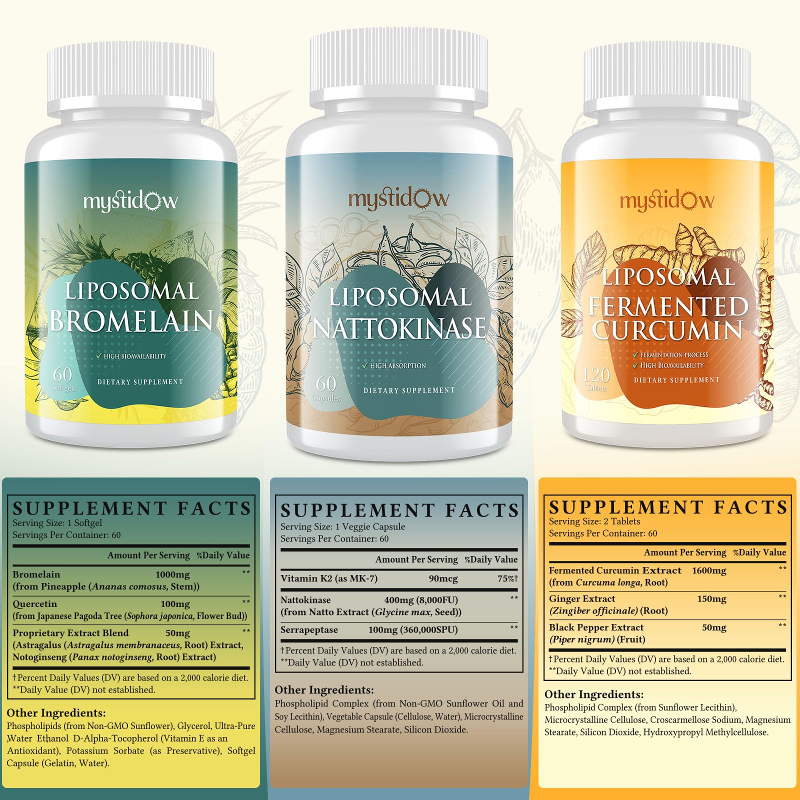 Spike Support Trio | Liposomal Nattokinase 8000 FU 500mg, Bromelain 1150 mg & Fermented Curcumin 1800 mg | High Potency, Enhanced Absorption Formula | for Immune, Heart & Circulation | 60 Day Supply