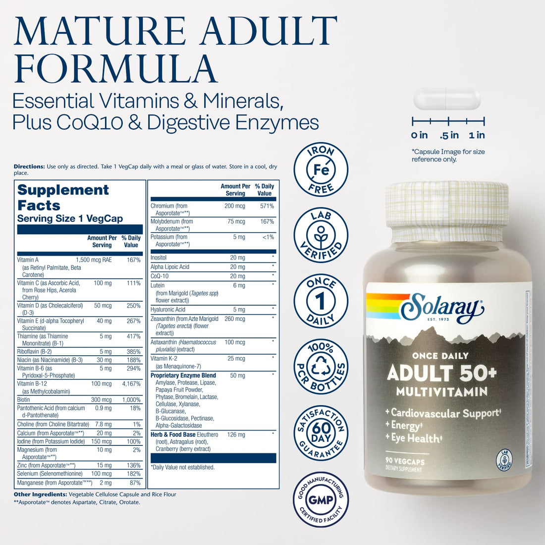 Solaray Once Daily Adult 50+ Complete Multivitamin for Women & Men, Essential Vitamins & Chelated Minerals for Healthy Energy, Heart, Brain & Immune Support, With CoQ10 & Lutein, Iron Free, 90 VegCaps
