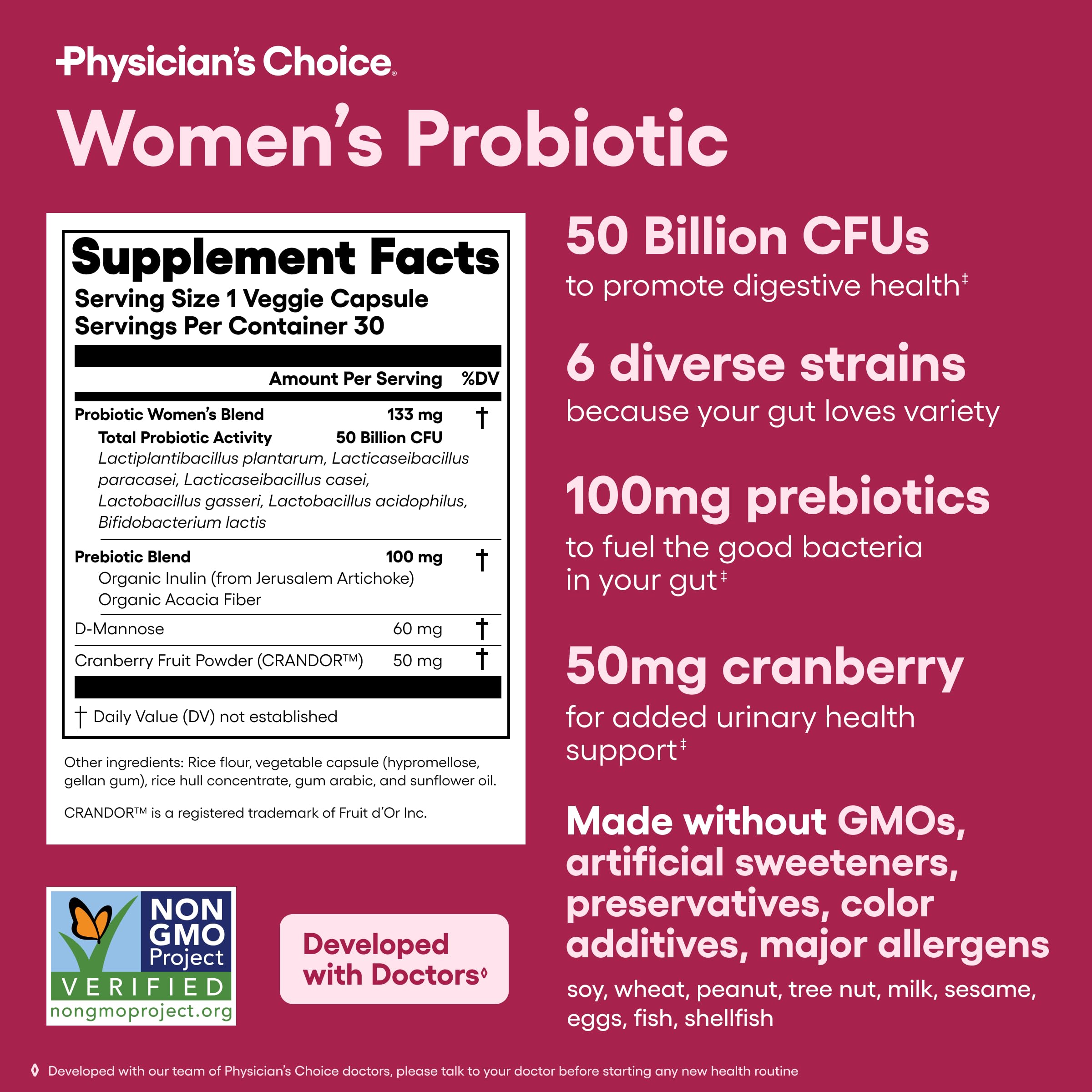 Physician's CHOICE Probiotics for Women - PH Balance, Digestive, UT, & Feminine Health - 50 Billion CFU - 6 Unique Strains for Her - Organic Prebiotics, Cranberry Extract+ - Women Probiotic - 30 CT