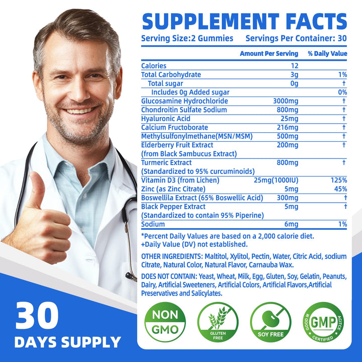 Nutravita Glucosamine Chondroitin Gummies with MSM & Elderberry Extra Strength - Joint Support, Antioxidant Immune Support Supplement for Adults, Men & Women.60 Blueberry Chews