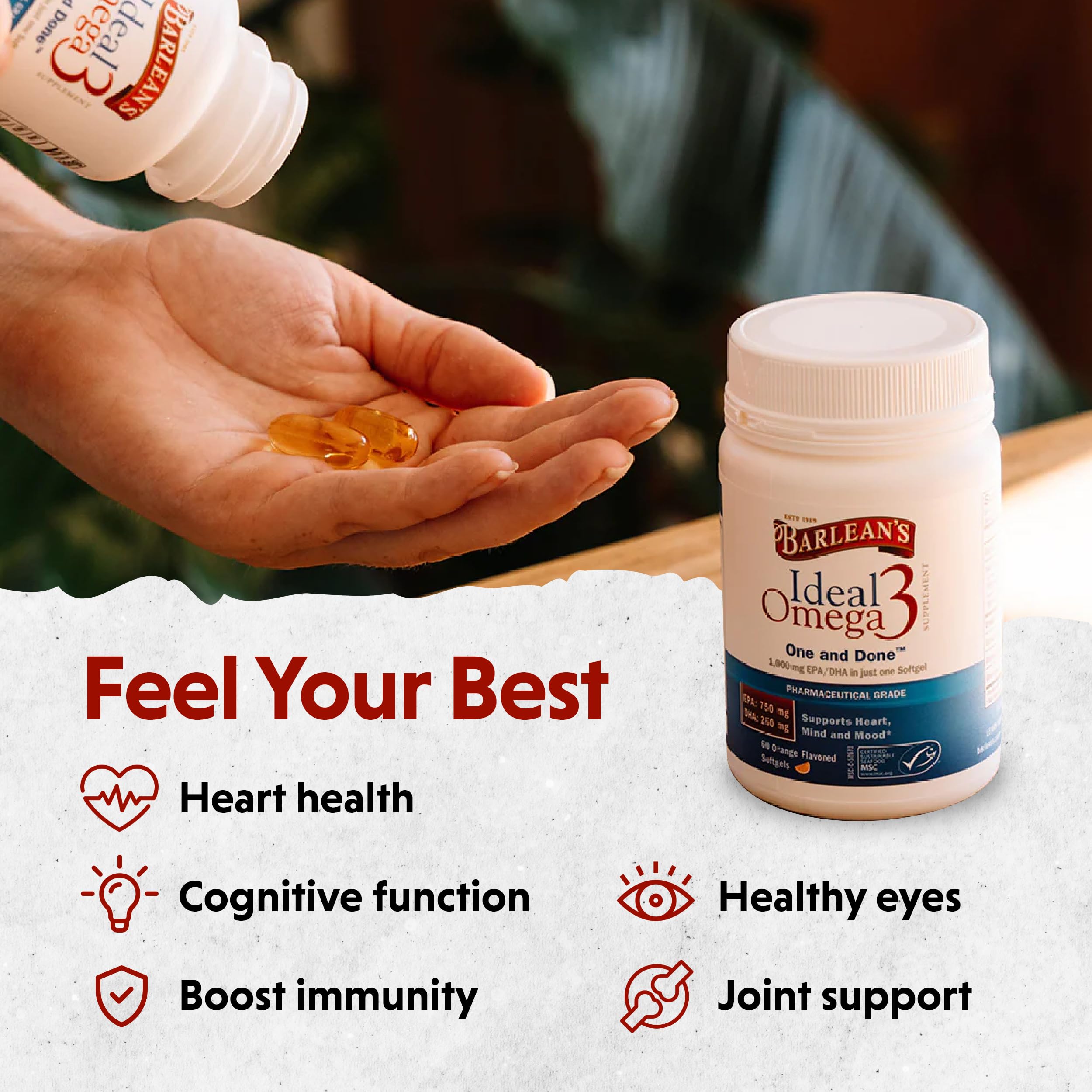 Barlean's Ideal Omega 3 Fish Oil Supplement, 1,000 mg Softgels, Pharmaceutical Grade EPA & DHA for Brain, Joint, & Heart Health, Orange Flavor, 60 ct