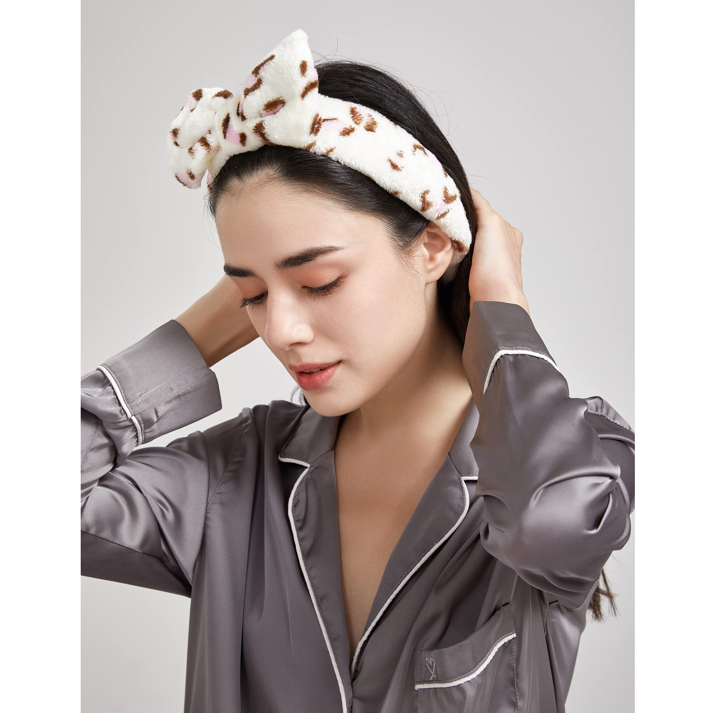 Leopard Grain Black And Pink: Dofash 2Pcs Bowknot Bow Makeup Cosmetic Shower Elastic Hair Band Hairlace Headband Swashing Face Shower Makeup Hairbands Beauty Cute Spa Headbands Fo