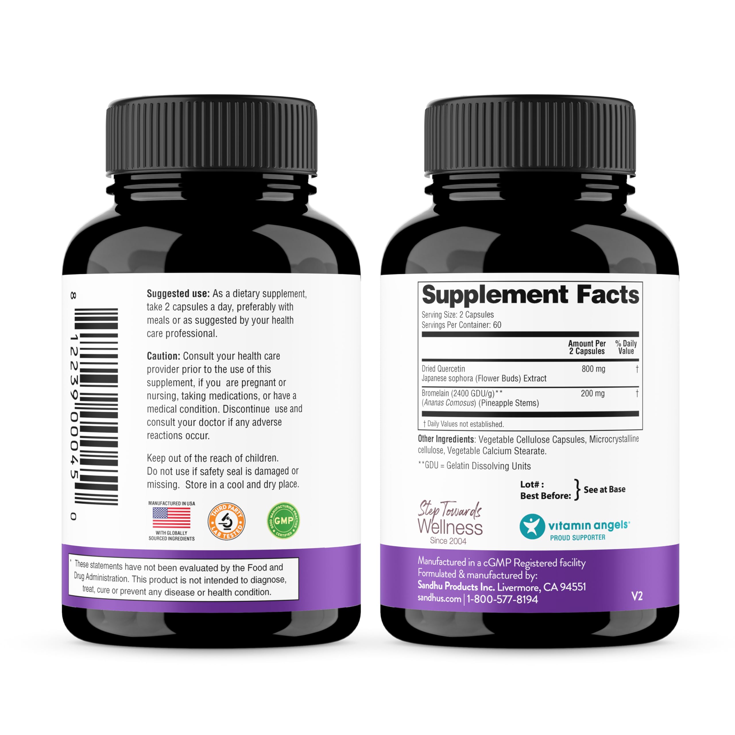 Sandhu's Quercetin with Bromelain Supplement - 1000mg Per Serving 120 Vegetarian Capsules - Bioflavonoids Quercitin Complex for Immune Support & Respiratory Health