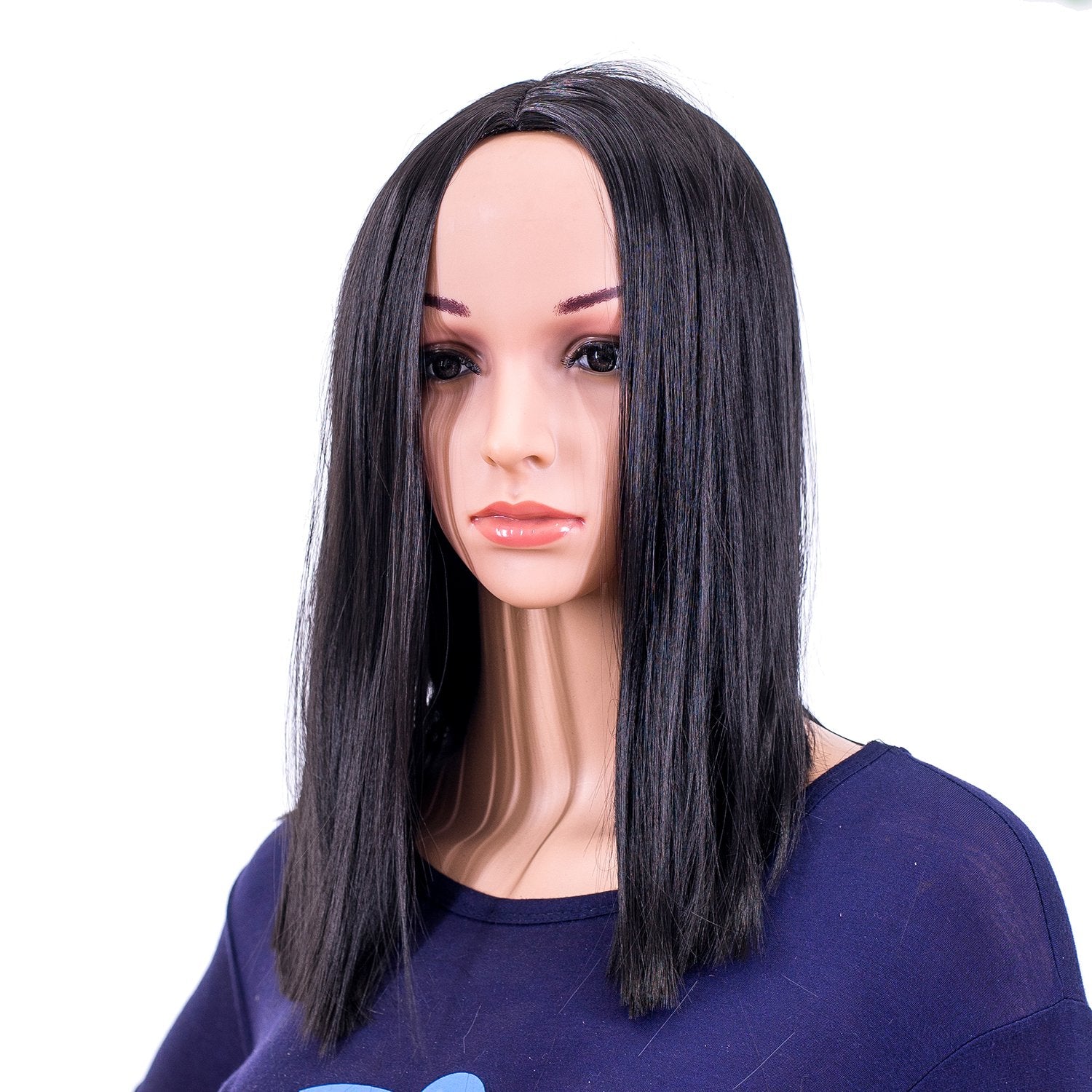 SWACC 14-Inch Short Straight Middle Part Hair Wig Medium Length Synthetic Heat Resistant Wigs for Women with Wig Cap (Black-1B)