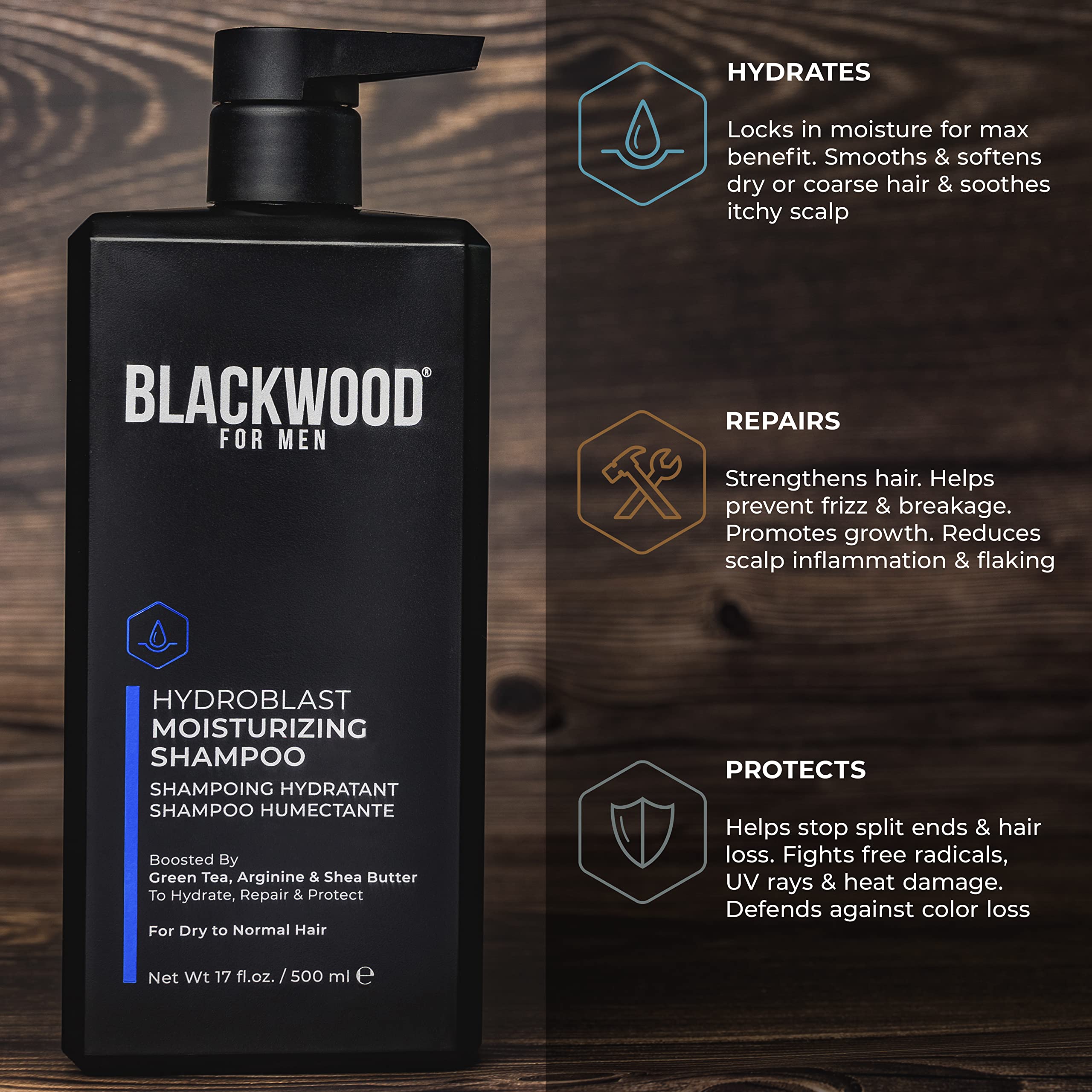 Blackwood For Men Hydroblast Moisturizing Shampoo - Men's Shampoo for Coarse, Dry, & Curly Hair - Infused with Ginseng & Ginger- Natural Vegan Formula -Sulfate Free, Paraben Free & Cruelty Free(17 Oz)