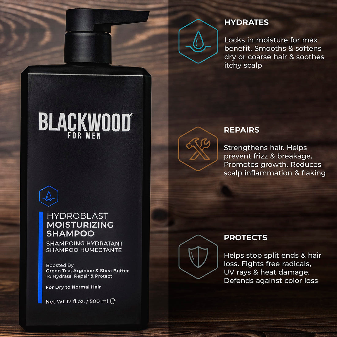 Blackwood For Men Hydroblast Moisturizing Shampoo - Men's Shampoo for Coarse, Dry, & Curly Hair - Infused with Ginseng & Ginger- Natural Vegan Formula -Sulfate Free, Paraben Free & Cruelty Free(17 Oz)