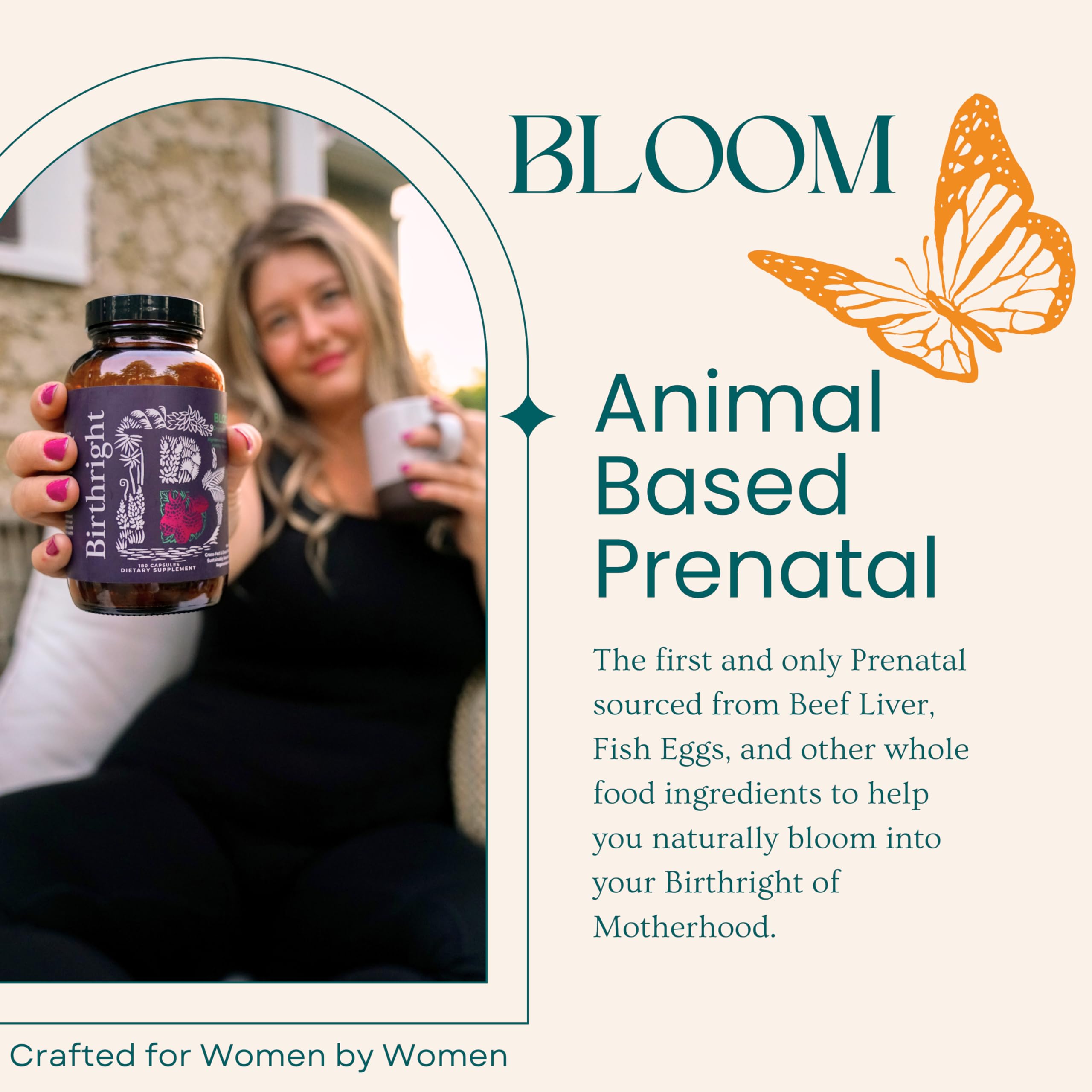 Birthright Complete Prenatal Supplement for Fetal Development… Folate, Choline + DHA, from Grass Fed Liver, Fish Eggs, Colostrum, Bone Marrow, with All Natural Herbal Blend Bloom
