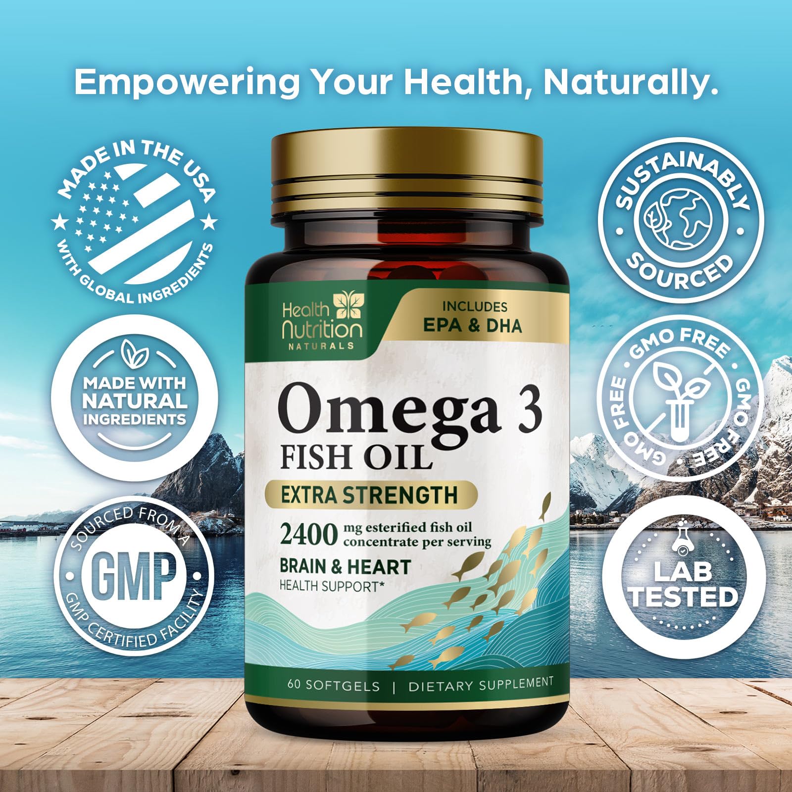 Omega 3 Fish Oil 2000mg Triple Strength Rapid Release Softgels, Omega-3 Supplements, Natural Brain Heart Joint Health & Immune Support - Fatty Acids with EPA & DHA - Fish Oil Supplement - 60 Softgels
