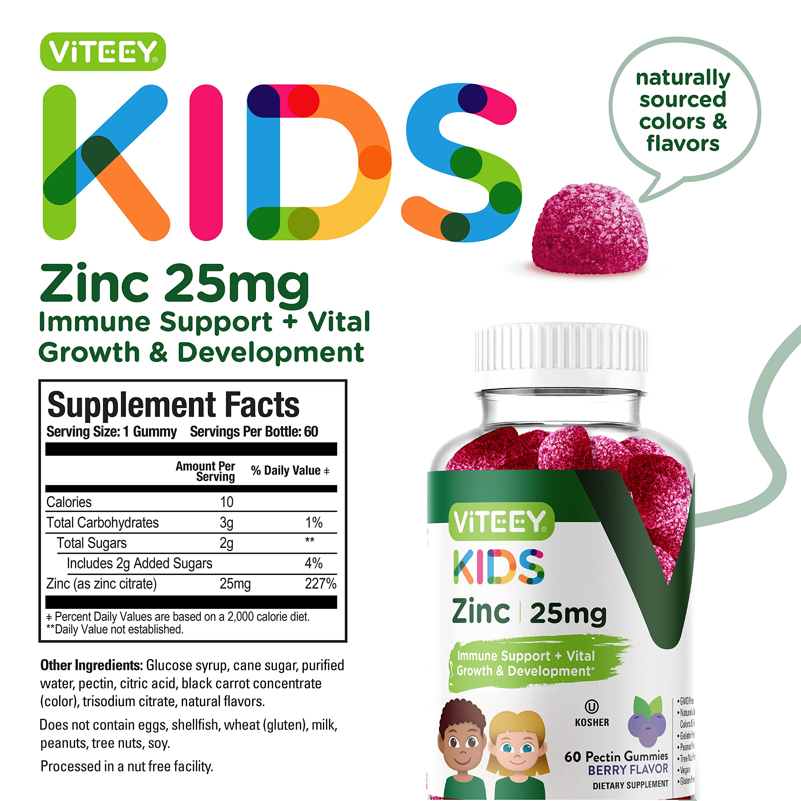 Zinc for Kids Gummies, 25mg - Immune Support for Kids & Teens - Powerful Natural Antioxidant, Kids Zinc Vitamin Supplement - Vegan, Gelatin Free, Gluten Free - Tasty Chewable Berry Flavor Gummy