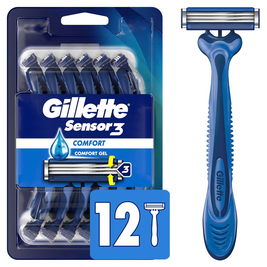 Gillette Sensor3 Comfort Men's Disposable Razors, 12 Razors