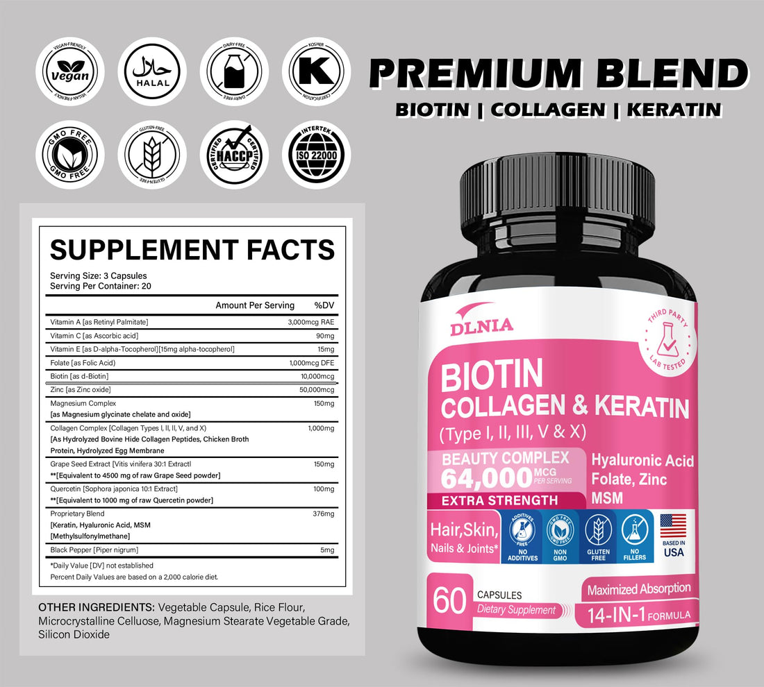 DLNIA Collagen Pills Peptides Types I, II, III, V & X MCG Biotin Keratin Hyaluronic Acid MSM Vitamin A Vitamin C Vitamin E Folic Acid Zinc Magnesium with Grape Seed Extract, Quercetin