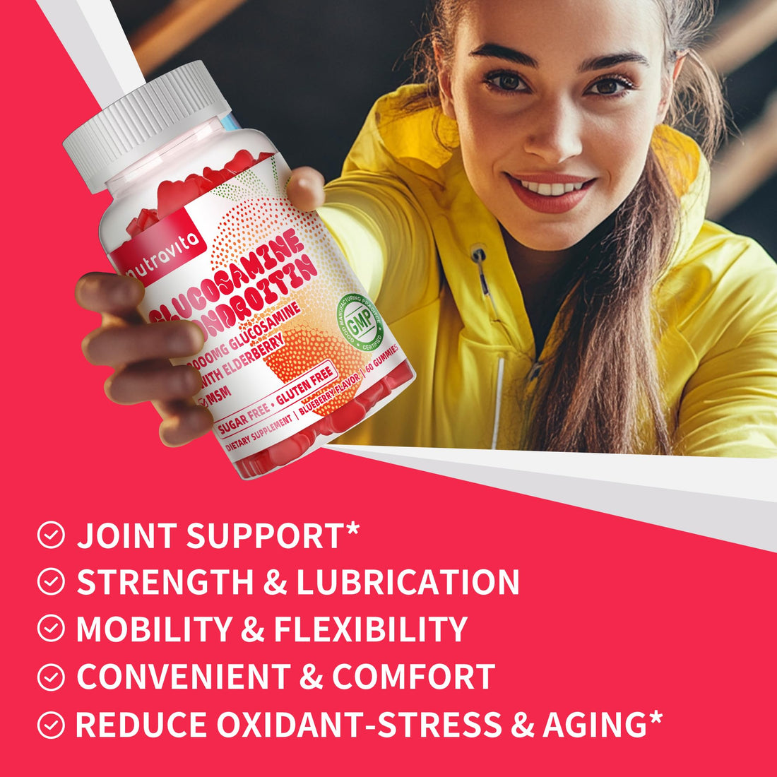 Nutravita Glucosamine Chondroitin Gummies with MSM & Elderberry Extra Strength - Joint Support, Antioxidant Immune Support Supplement for Adults, Men & Women.60 Strawberry Chews