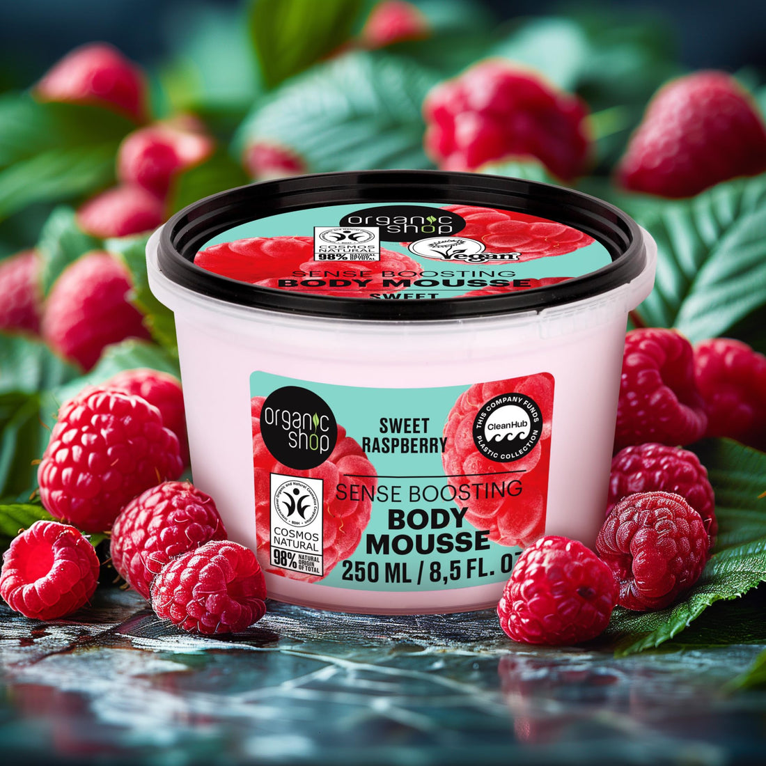 Organic Shop Sweet Raspberry Sense Boosting Body Cream, 100% Vegan & Organic, Daily Moisturizer & Deep Nourishing Body Mousse, Hydrating Natural Lotion, Intensive Care & Skin Toning. 250ml