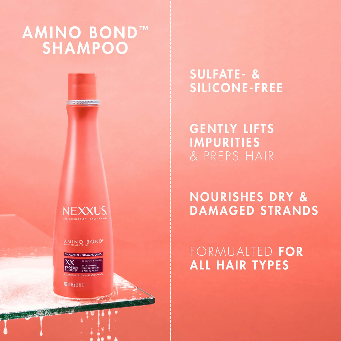 Nexxus Shampoo Amino Bond for All Types of Damaged Hair with Amino Acids & Keratin Protein 13.5 oz