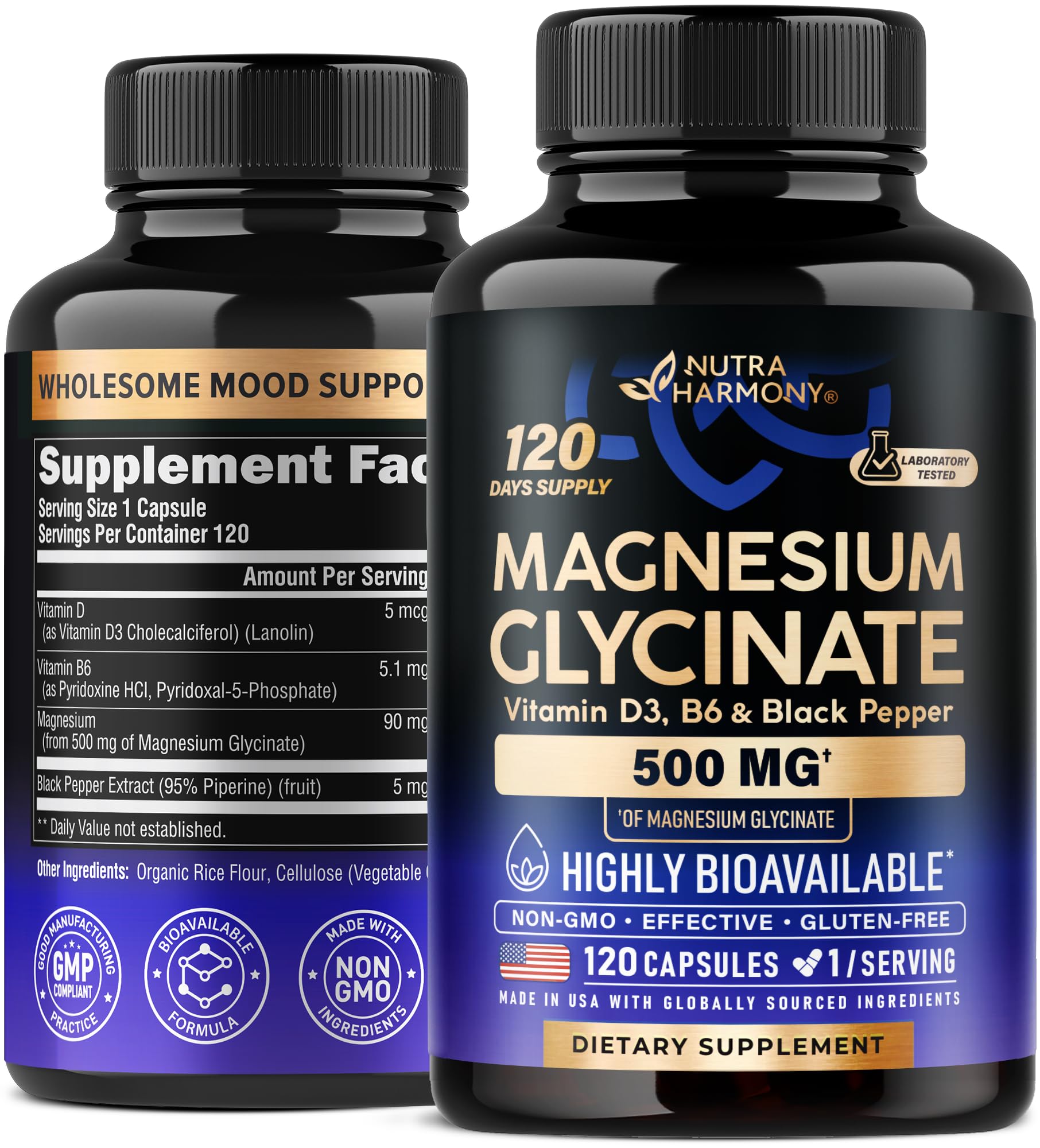 Magnesium Glycinate 500 mg - Chelated Supplement - 98% High Absorption - Support for Sleep, Muscle & Heart Health - Made in USA, Lab Tested & Non-GMO - 120 Capsules