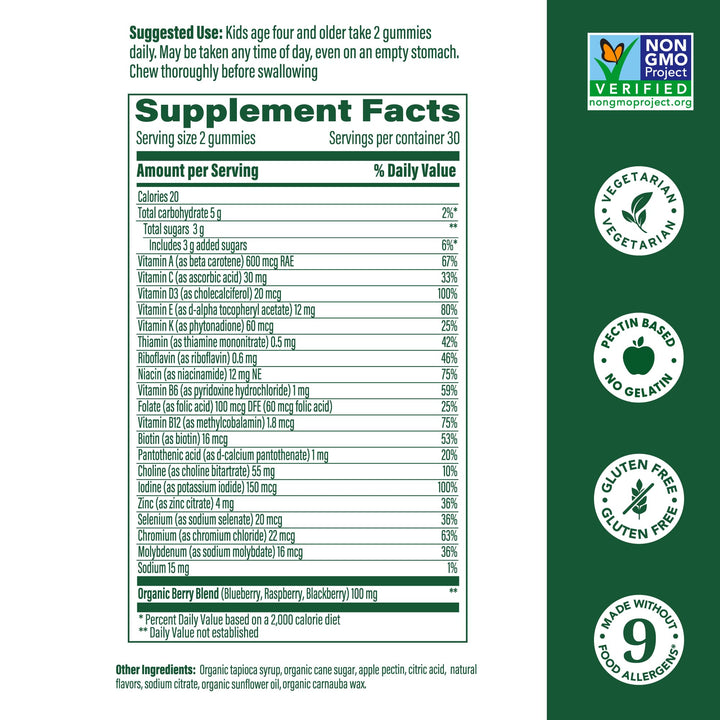 MegaFood Kids Multivitamin Gummies - Kids Vitamins - Age 4+ with Vitamin C, Vitamin D, Zinc, Choline, and Real Fruit - Brain & Immune Support - Berrylicious Flavor - 60 Gummies (30 Servings)