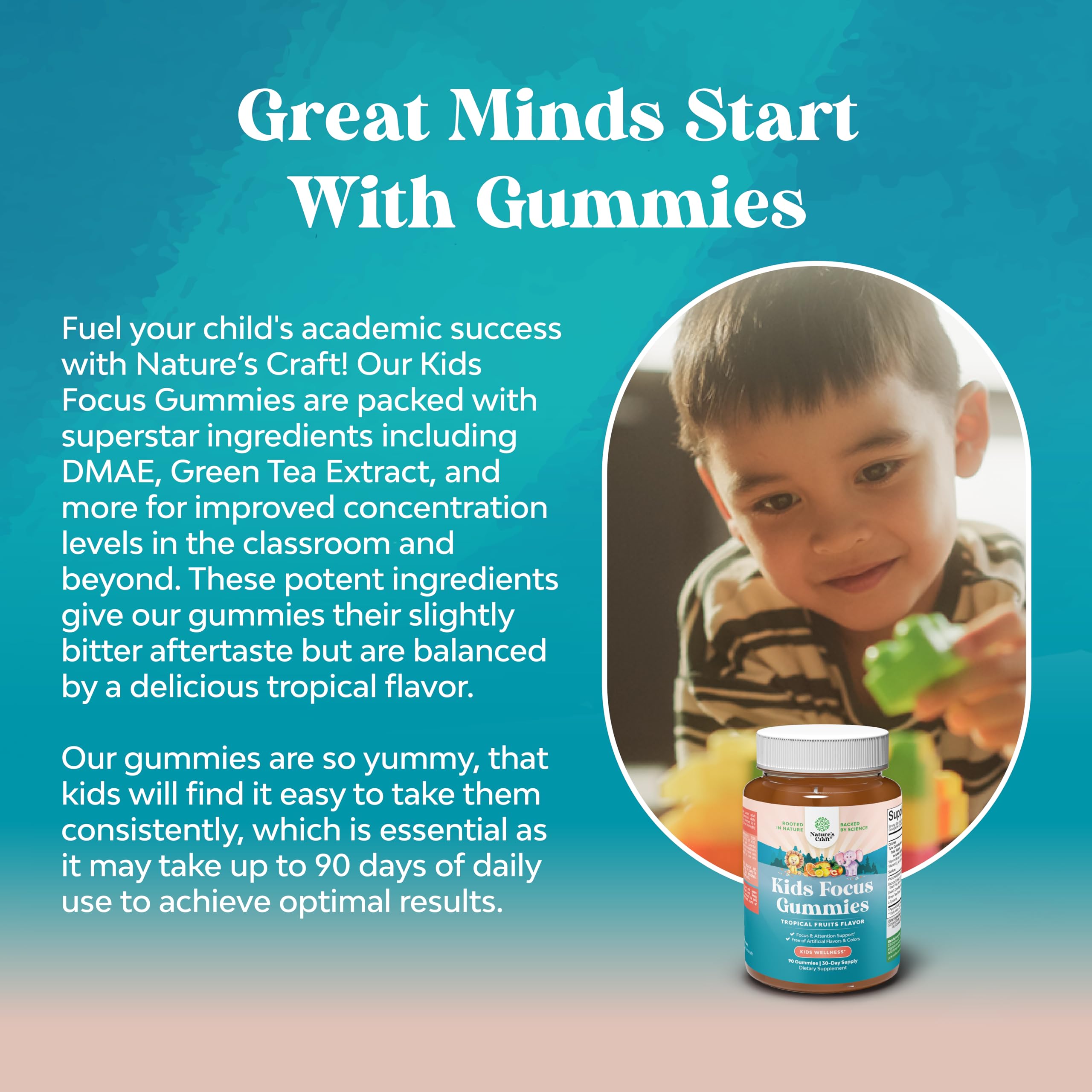 Kids Focus Gummies - Nootropics Brain Support Supplement for Kids with Green Tea Extract, B6 & B12 Vitamins for Memory and Brain Focus - Herbal Concentration Chews for Children - 90 Count
