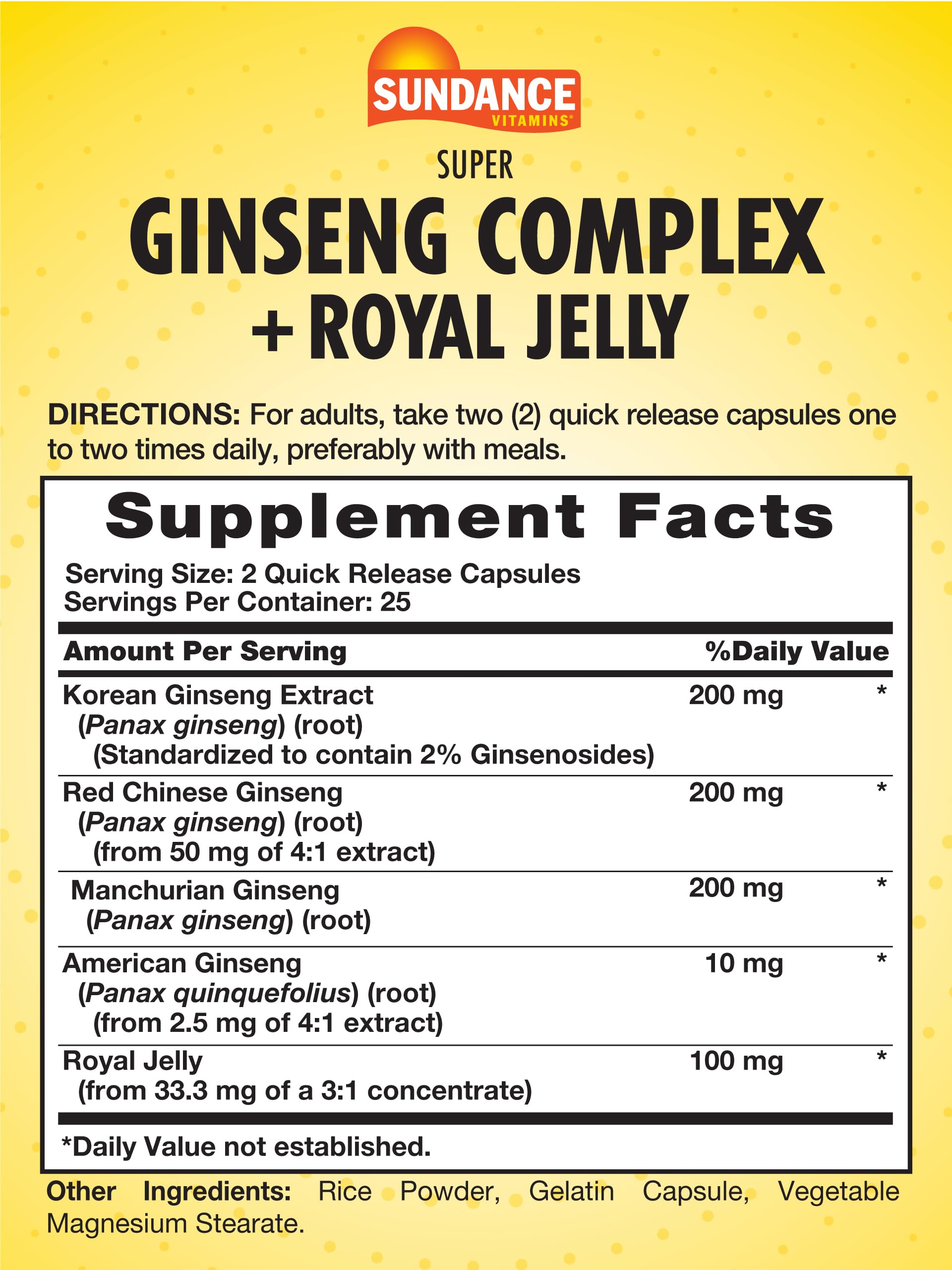 Sundance Super Ginseng Complex | with Royal Jelly | 50 Quick Release Capsules | Non-GMO and Gluten Free Traditional Herb Supplement