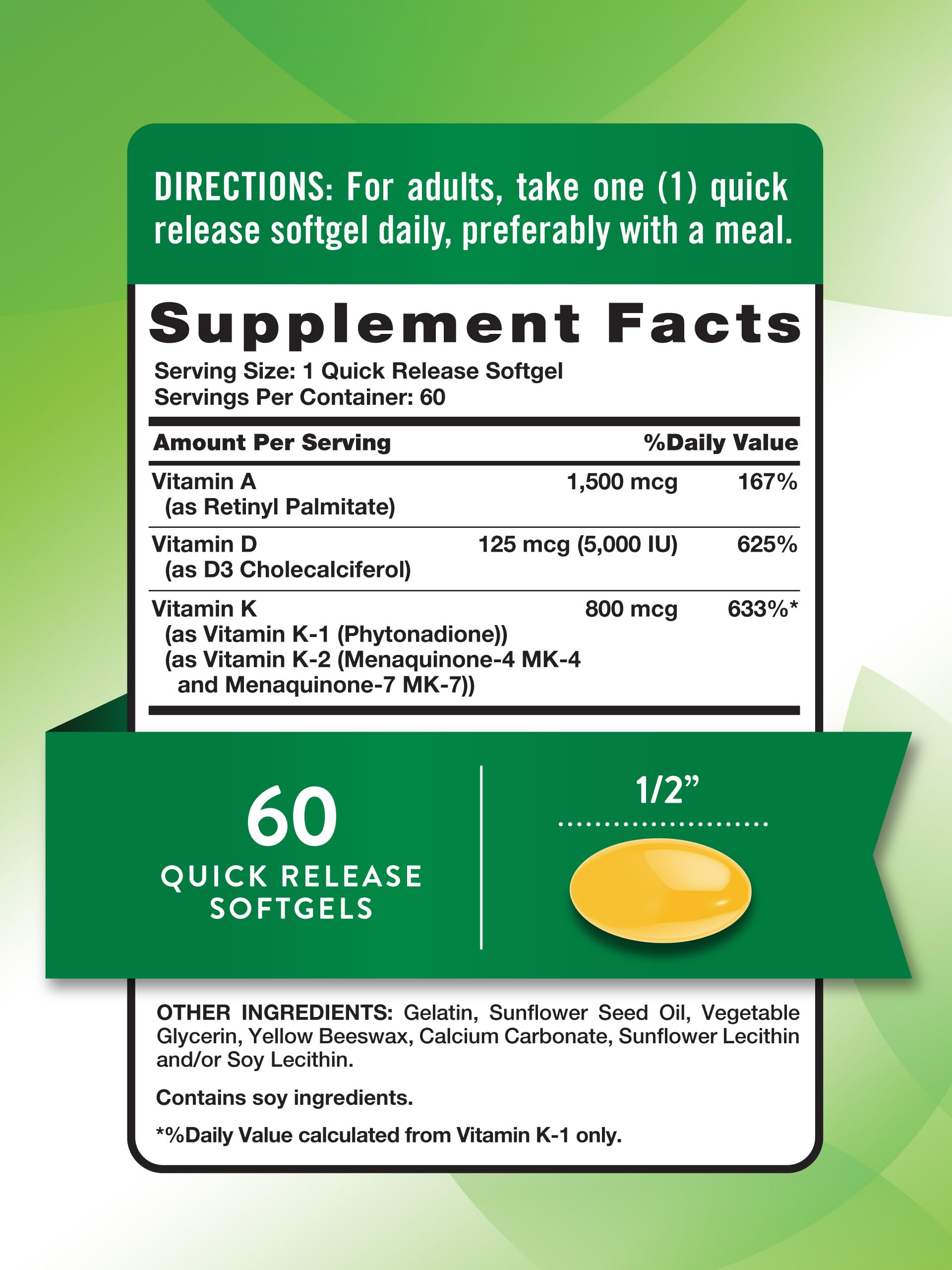 Nature's Truth Vitamin ADK | 60 Softgels | High Potency of Vitamin A, D3, K1 & K2 | Non-GMO & Gluten Free Supplement
