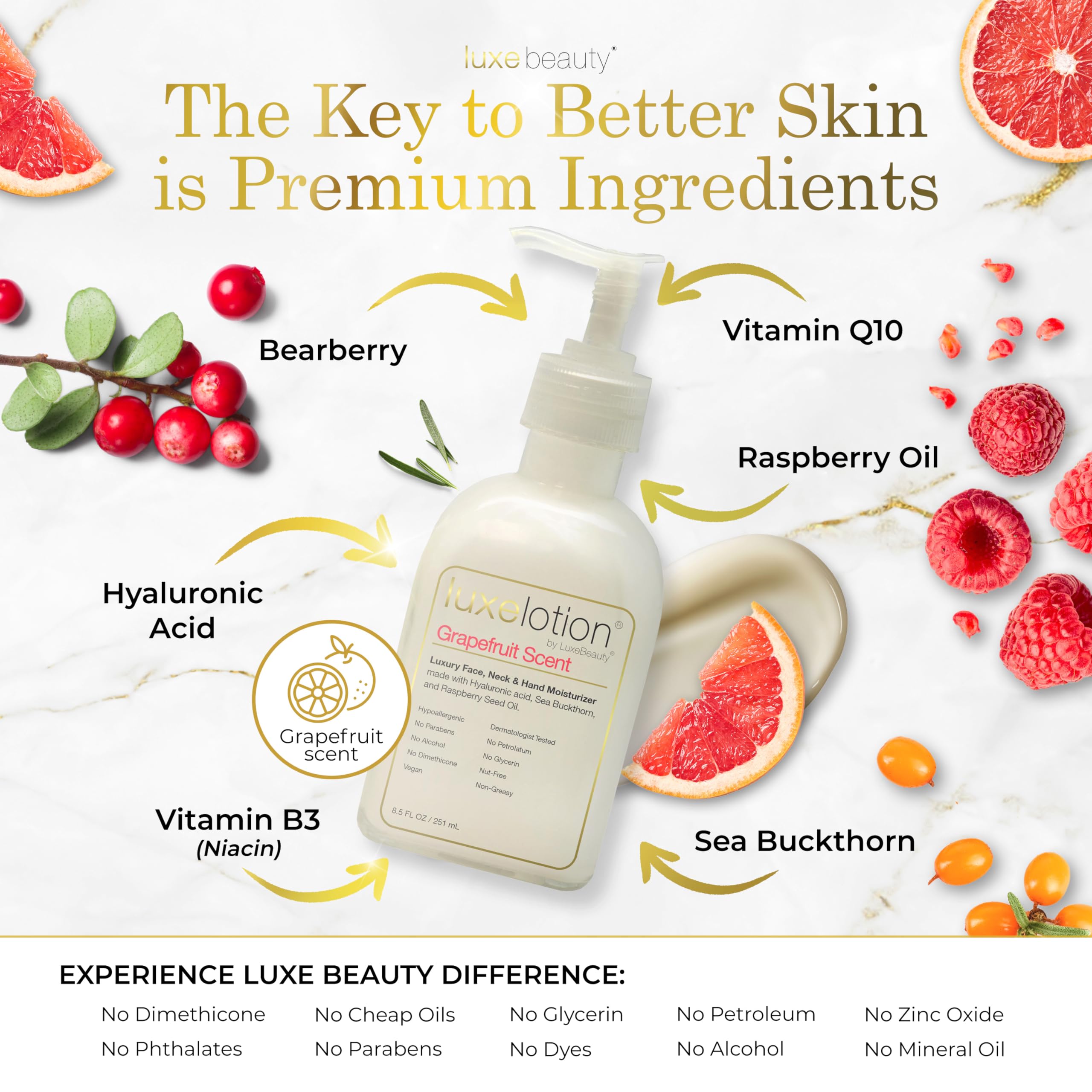 Non Greasy Hyaluronic Acid Moisturizer for Face, Neck & Hands – Grapefruit-Scented Hyaluronic Acid Body Lotion - Anti Aging, Silicone Free, No Fillers - Organic & Plant Based Non Toxic Lotion