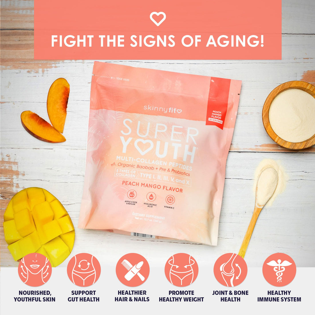 SkinnyFit Super Youth Peach Mango Multi-Collagen Peptides + Probiotics, Baobab Fiber, Apple Cider Vinegar, Hyaluronic Acid, & Vitamin C, Skin, Hair, Joint & Metabolism Support, 30 Servings