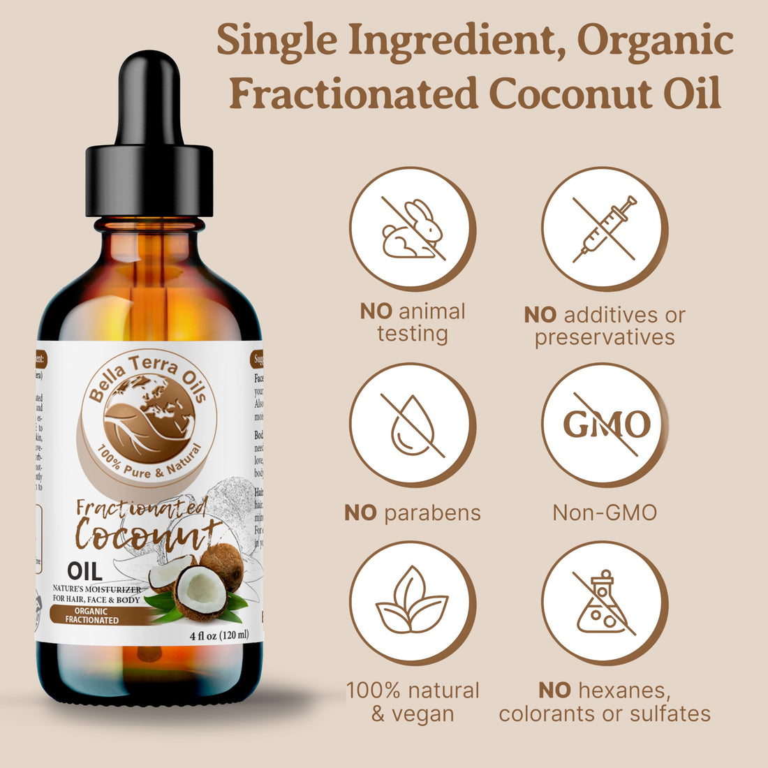 Bella Terra Oils - Organic Fractionated Coconut Oil (MCT) 4oz - Derived from Pure Coconut Essence, Abundant in Capric & Lauric Acid, Your Go-to Companion for Supple Skin