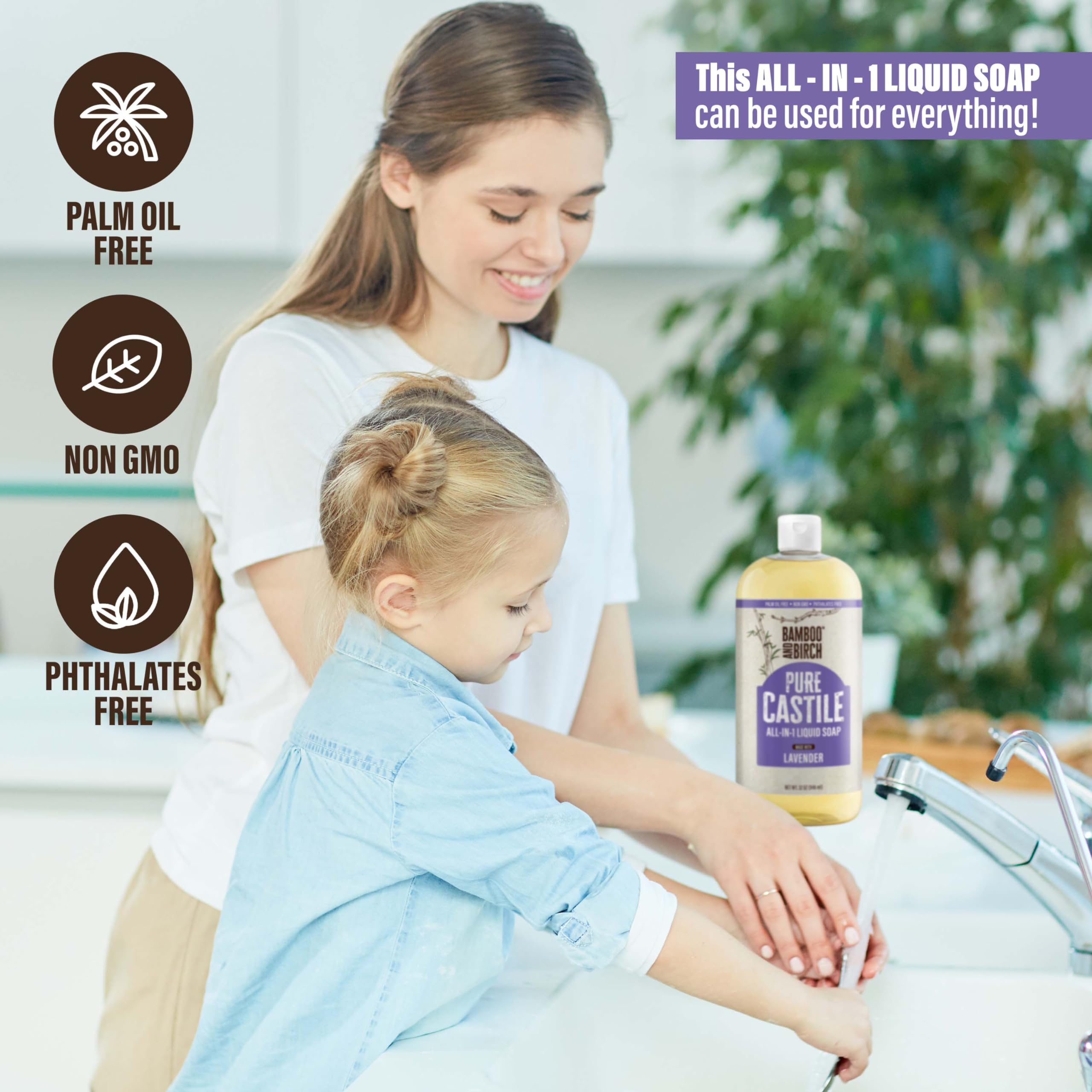 BAMBOO AND BIRCH Pure Castile Soap Liquid Organic, Certified Palm Oil Free Natural Soap, Lavender, 32 oz