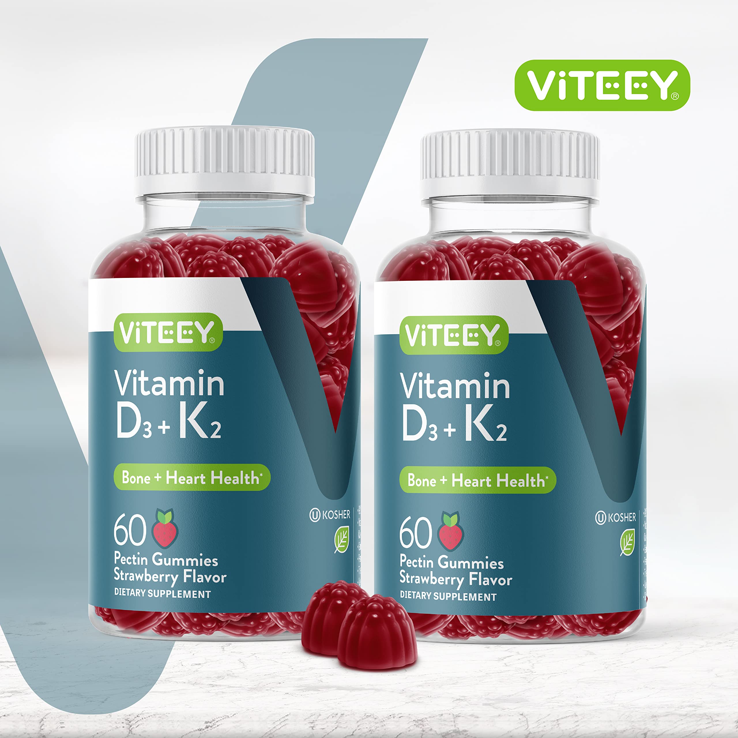 Vitamin D3 K2 Gummies - 1000 IU Vitamin D3 and K2 100mcg - Bone & Heart Health for Adults and Teens - Vegetarian, Gelatin Free, GMO Free - Tasty Chewable D3K2 Vitamins Strawberry Flavored Gummy