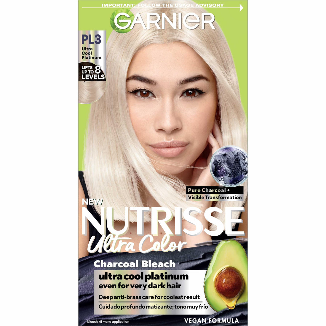 Garnier Hair Color Nutrisse Ultra Color Nourishing Crème, PL3 Ultra Cool Platinum (Charcoal), Permanent Hair Dye, 1 Count (Packaging May Vary)