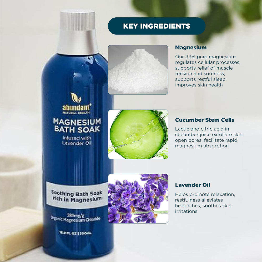 Abundant Natural Health MAG I.C. Magnesium Bath Soak Infused with Lavender Oil to Hydrate, Soothe and Moisturize Skin, Relax and Replenish Muscles, Highly Concentrated Pure Magnesium Salts, 500mL