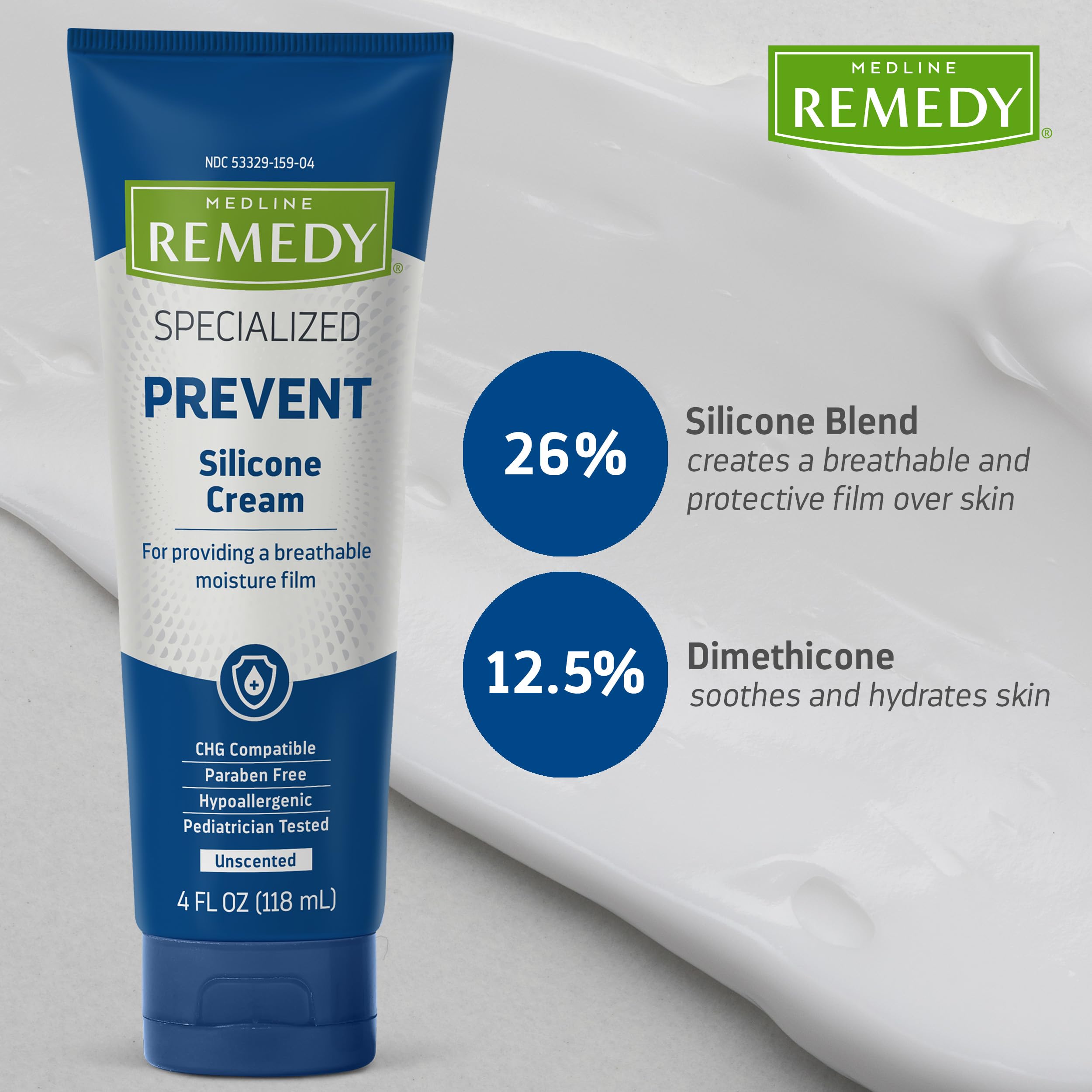 Medline Remedy Specialized Silicone Cream, Unscented (4 fl oz), Gentle Breathable Film for All Ages, Paraben-free and Hypoallergenic Skin Care, Barrier for Dry Cracked Skin