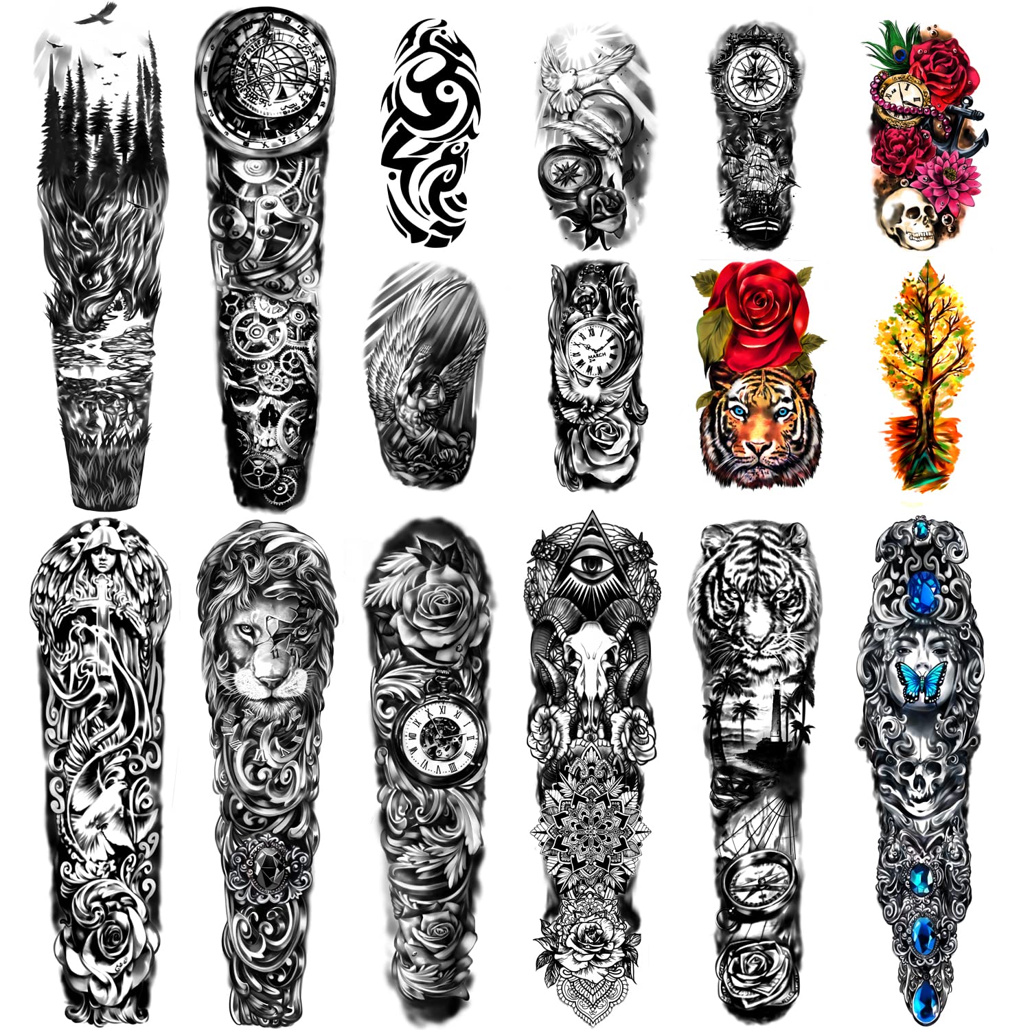 Extra Large waterproof Temporary Tattoos 8 Sheets Full Arm Fake Tattoos and 8 Sheets Half Arm Tattoo Stickers for Men and Women (22.83X7.1)