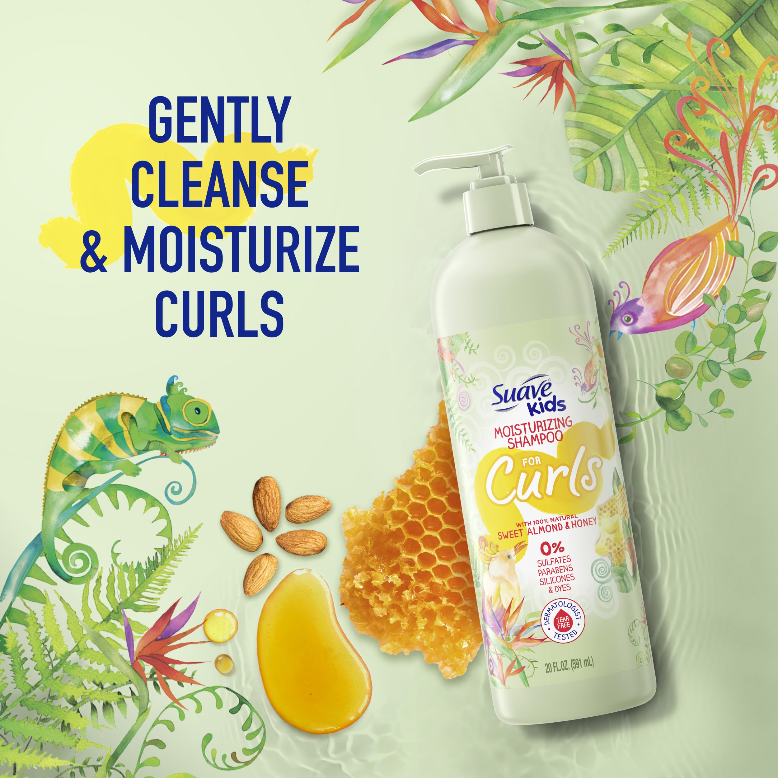 Suave Kids Natural Sweet Almond Honey Curly Hair Shampoo, Tear Free, No Sulfates, No Parabens, No Silicones, No Dyes, 16.5 Oz Pack of 4