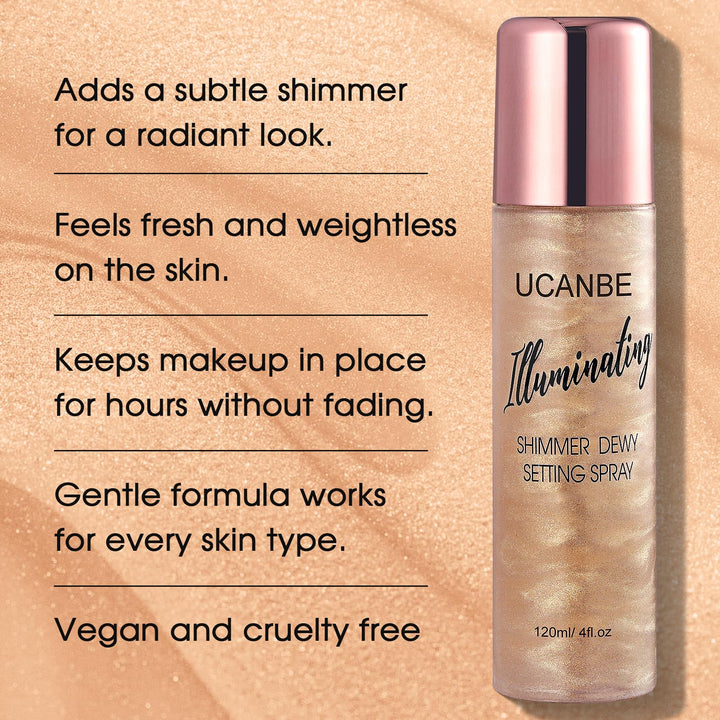 UCANBE Shimmer Dewy Setting Spray – Glowing + Makeup Setting Spray 2 in 1 Lightweight Formula for a Radiant Glow,Long-Lasting Face Mist for Face Body, 4 Fl Oz #Champagne