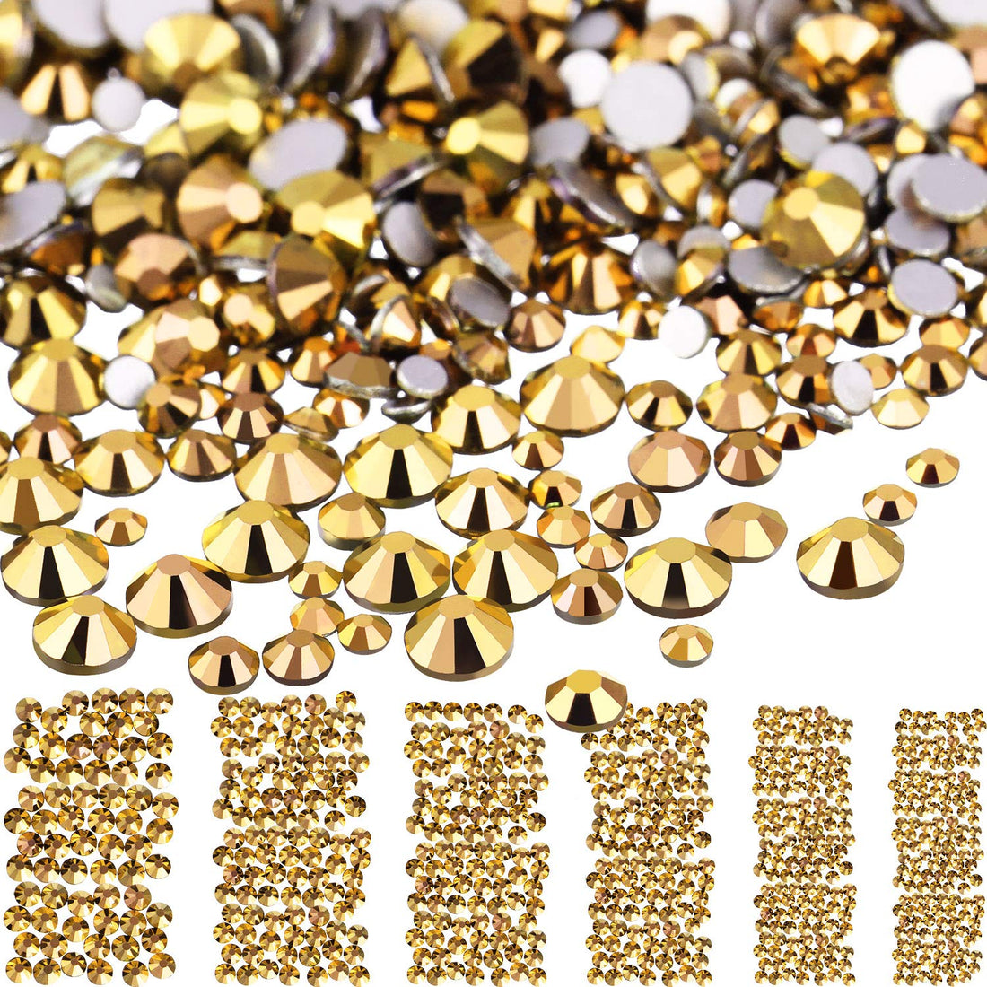 Bememo 3456 Pieces Nail Crystals AB Nail Art Rhinestones Round Beads Flatback Glass Charms Gems Stones, 6 Sizes for Nails Decoration Makeup Clothes Shoes (Gold, Mixed SS4 5 6 8 10 12)