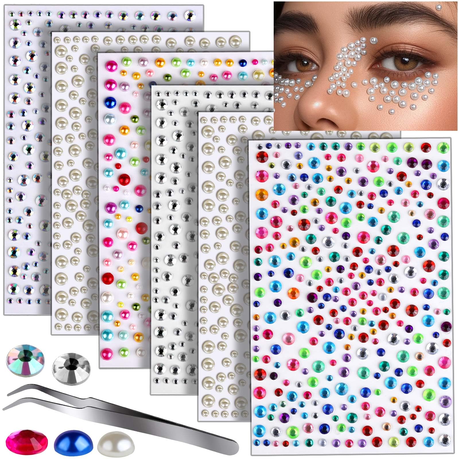 Teenitor Face Gems Self Adhesive Face Jewels, 1950PCS Hair Pearls and Face Rhinestone for Makeup Festival, Stick On Gems for Face, Hair, Eye, Body