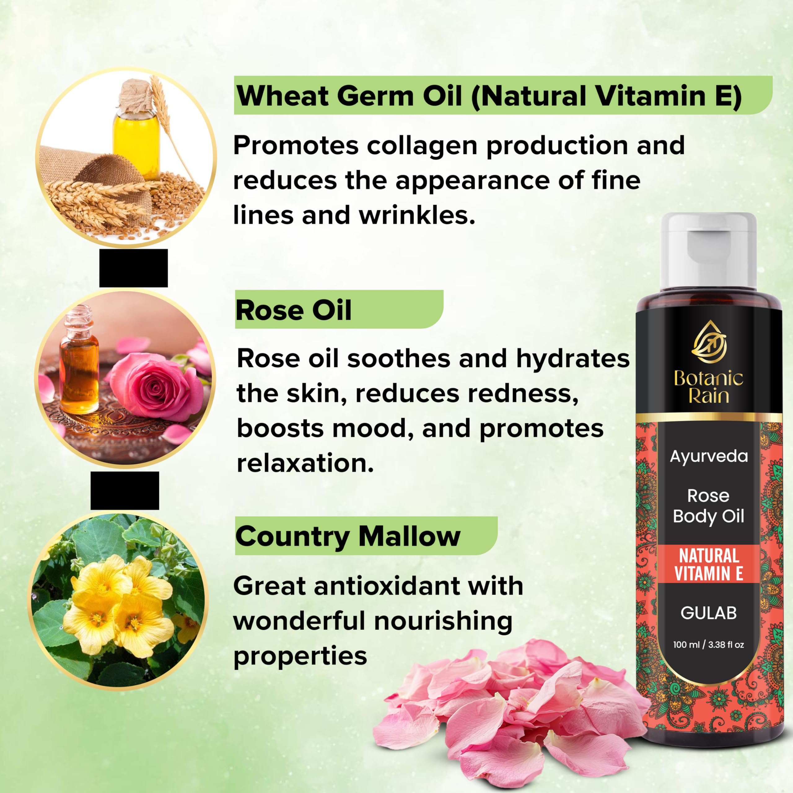 Botanic Rain Ayurveda Rose Body Oil, Moisturizing & Hydrating Organic Vitamin E Oil, Body Oils For Women After Shower, Ayurveda Products For Crepey Skin Repair - 3.38 Fl Oz