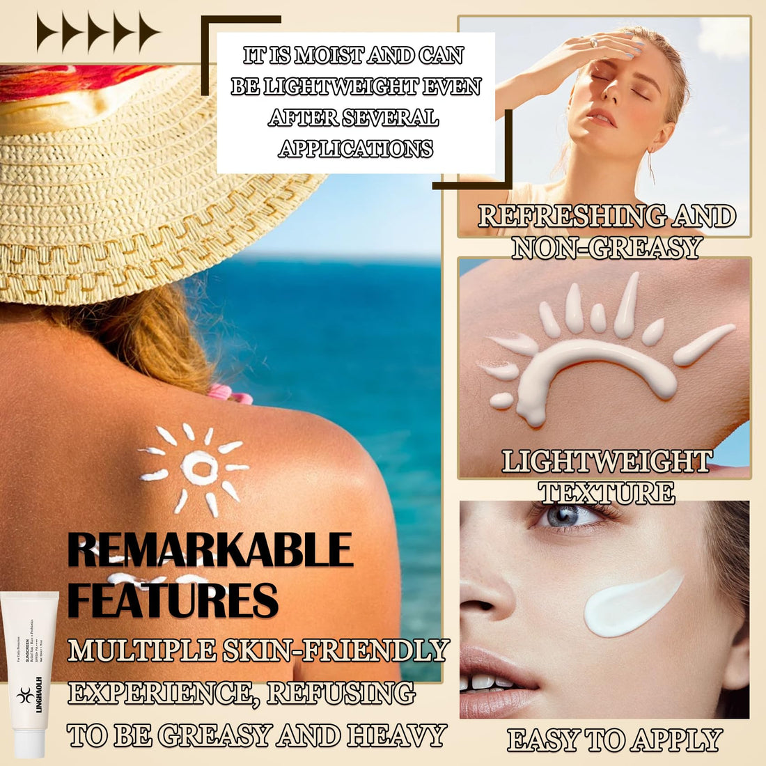 Rice Sunscreen,Relief Facial Sunscreens Moisturizing SPF50+ PA++++ Rice Sunscreen for All Skin Type,Non-greasy Lightweight Rice Probiotic Sun Cream