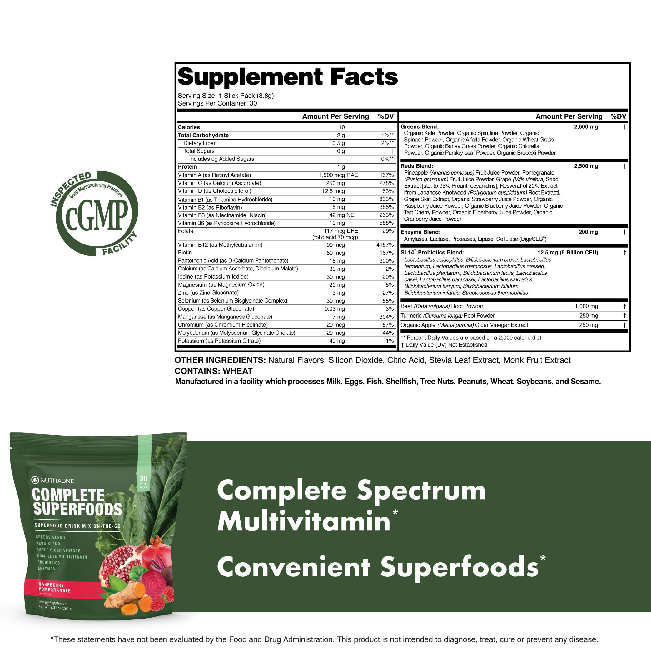Complete Superfoods, Complete Spectrum Multivitamin, Greens and Reds Blend, Enzymes, Probiotics (Raspberry Pomegranate, 30 Stick Packs)