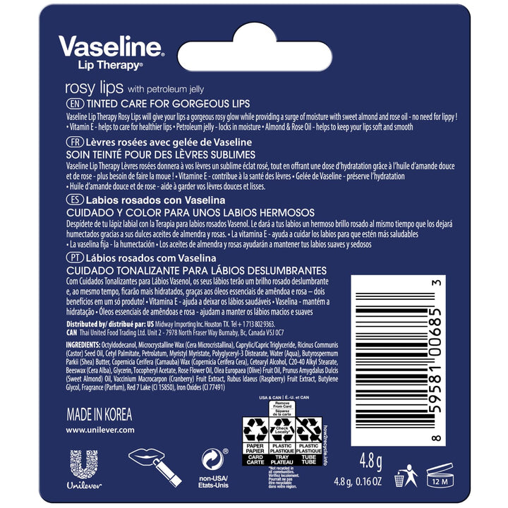 Vaseline Lip Therapy Rosy Lips 8-Pack – Moisturizing Lip Balm, Tinted, 0.16 Oz Ea