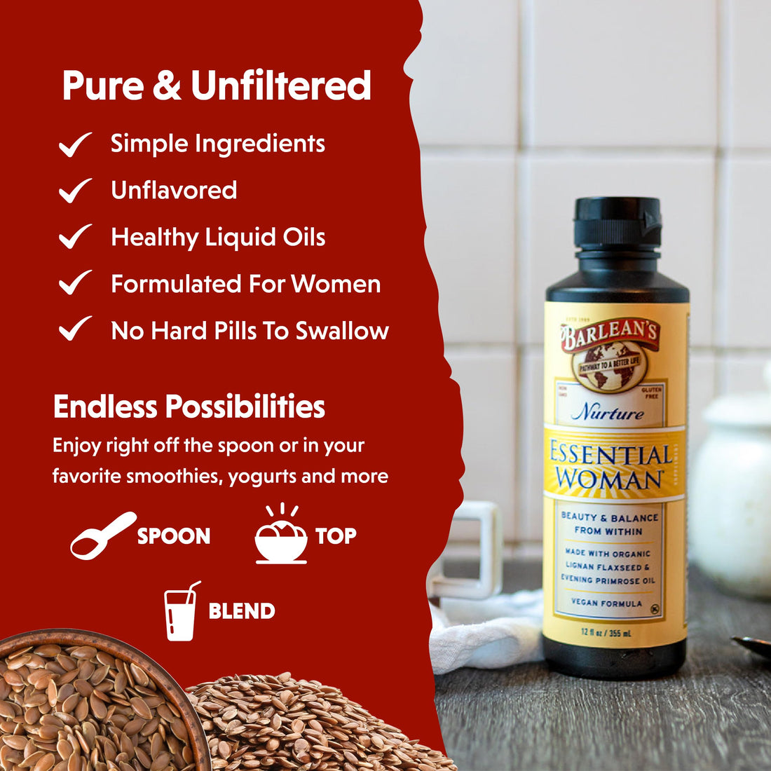 Barlean's Essential Woman Liquid Supplement for Women, Organic Flaxseed, Evening Primrose Oil and Soy Isoflavones, Omega 3 6 9 and GLA, 12 oz