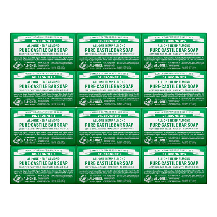 Dr. Bronner's - Pure-Castile Bar Soap (Almond, 5 ounce, 12-Pack) - Made with Organic Oils, For Face, Body and Hair, Gentle and Moisturizing, Biodegradable, Vegan, Cruelty-free, Non-GMO