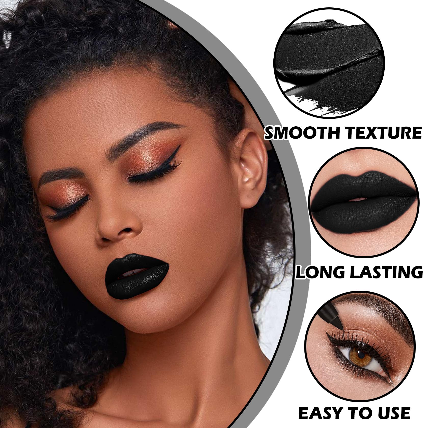 QIUFSSE Black Matte Lipstick and Lip Liner Pencil Set - Liquid Lipstick, Long-lasting, Suitable for Halloween, Goth Cosplay Makeup