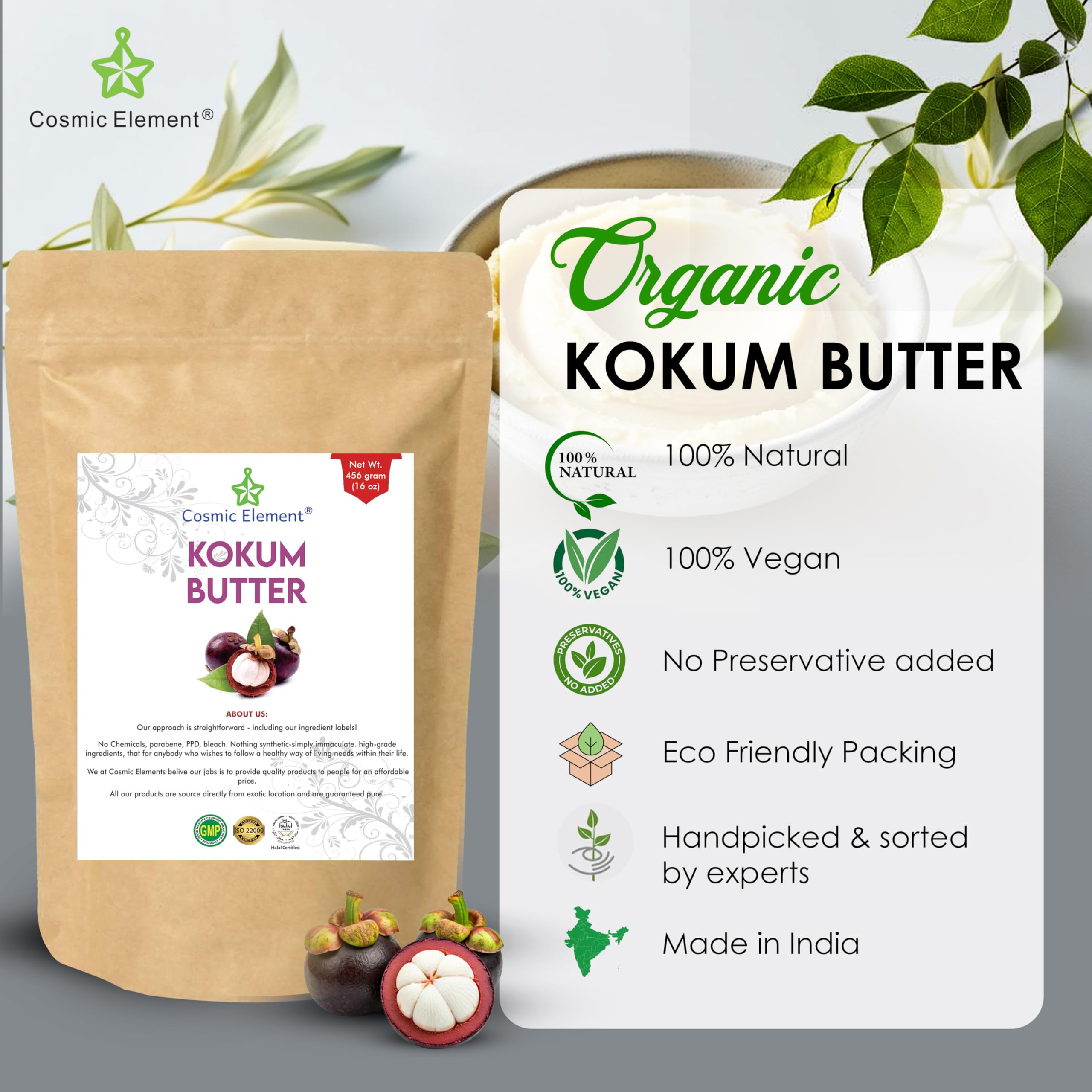 Cosmic Element Raw Organic Kokum Butter - Light, Firm Butter for Skin Care | Ideal for Making Soap, Lotion Bars, Lip Balm | Body Butter for Dry Skin - Scent-Free (16 Oz)