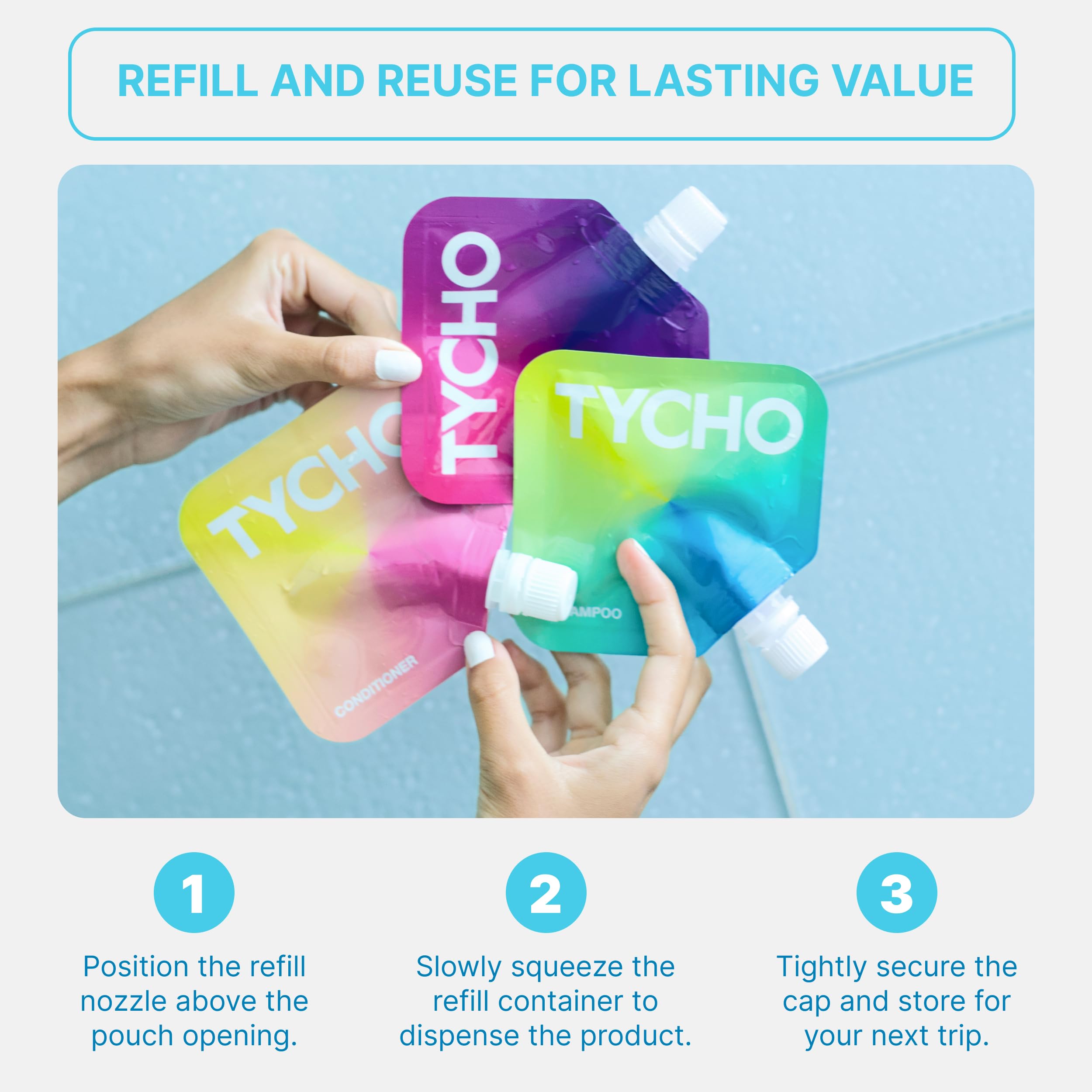 TYCHO Travel Size Shampoo and Conditioner Sets - Moisturizing Shampoo, Conditioner for Dry Hair & Body Wash for Sensitive Skin | Travel Bag, Paraben-Free, Vegan, & Cruelty-Free 30mL (1 fl oz)