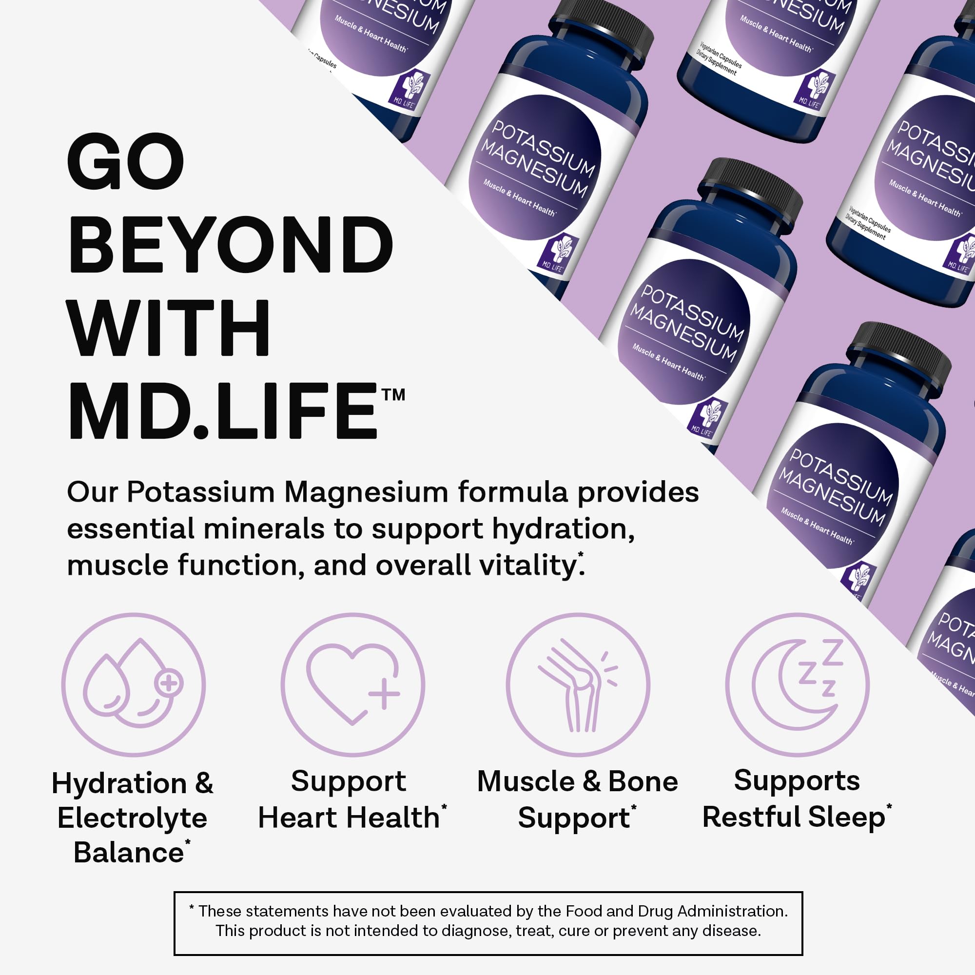 MD. Life Magnesium Potassium Supplement - 60 Capsules - High Absorption Magnesium Complex - Magnesium Supplement to Support Vascular Health & Leg Cramp 60cts