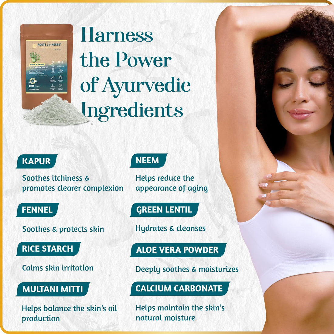 ROOTS AND HERBS Vegan Hair Removal - Neem and Fennel Depilatory Mask - Men and Women's Facial Hair Removal for sensitive skin, Organic Hair remover, Pubic, Bikini, Leg Mask, Powder Waxing (2.47 Ounce)